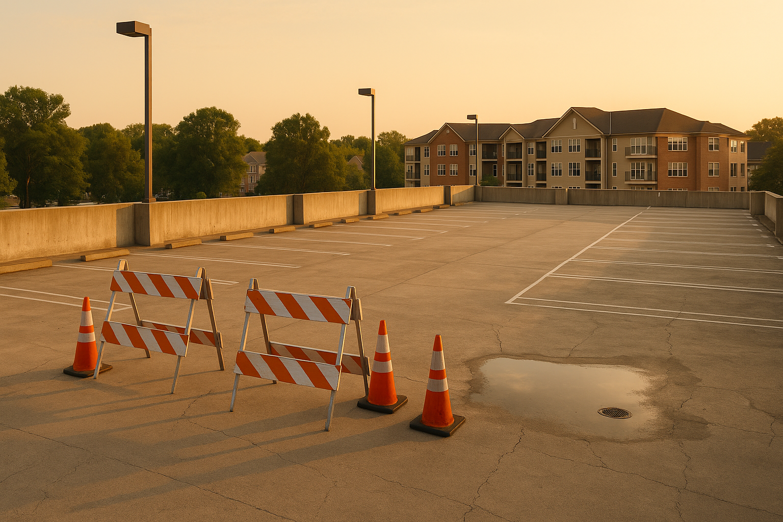 Wide-angle top-deck of five-story suburban parking garage at golden hour with spalling concrete, puddle by drain, and cones isolating a lane.