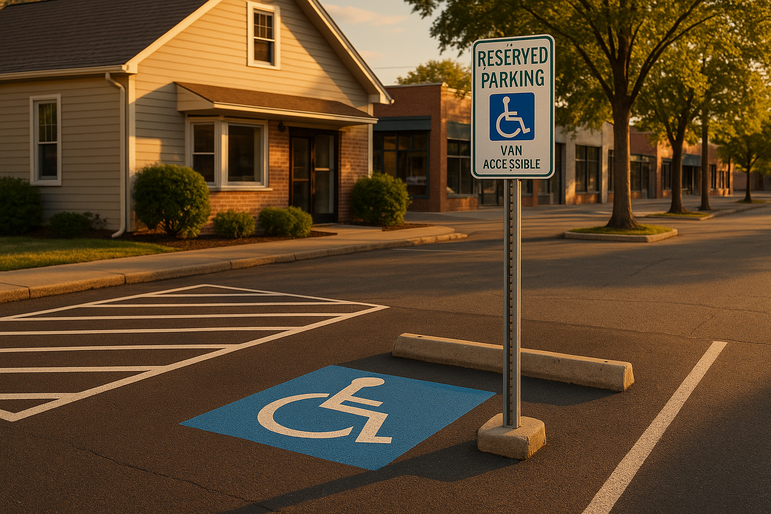 Van-accessible stall with diagonal hatch, thermoplastic blue ISA, MUTCD sign on galvanized post at golden hour in Indianapolis lot.