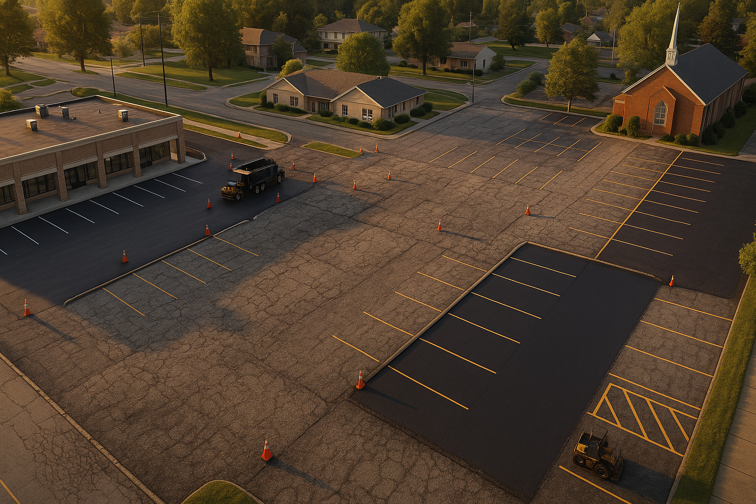 Aerial golden-hour view of suburban parking lots with varied pavement conditions, half-treated surface, cones and idle paving equipment.