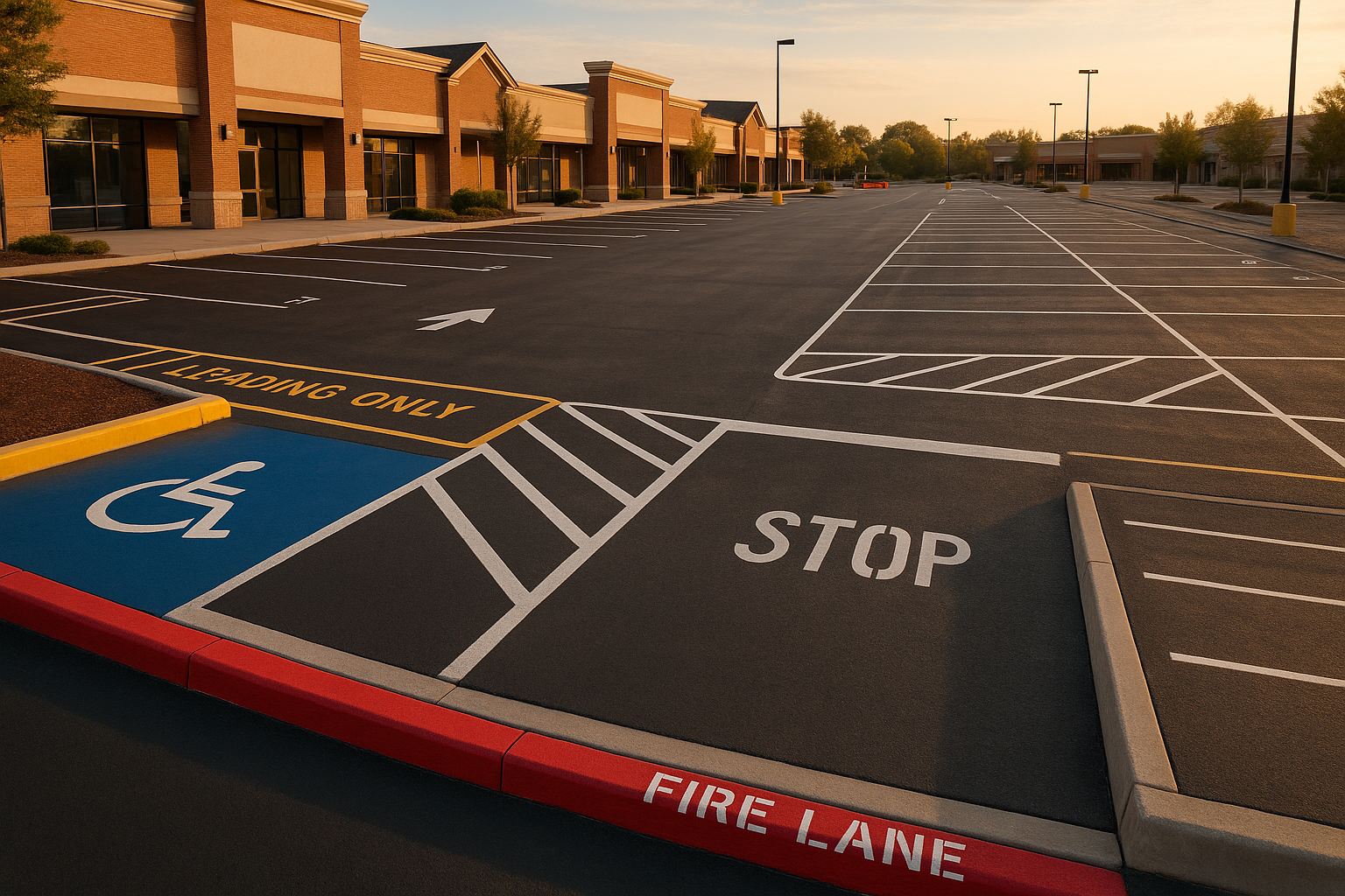 Golden-hour suburban strip mall lot with fresh red FIRE LANE curb, blue ADA stall, yellow loading zone, thermoplastic crosswalk, sealed asphalt.