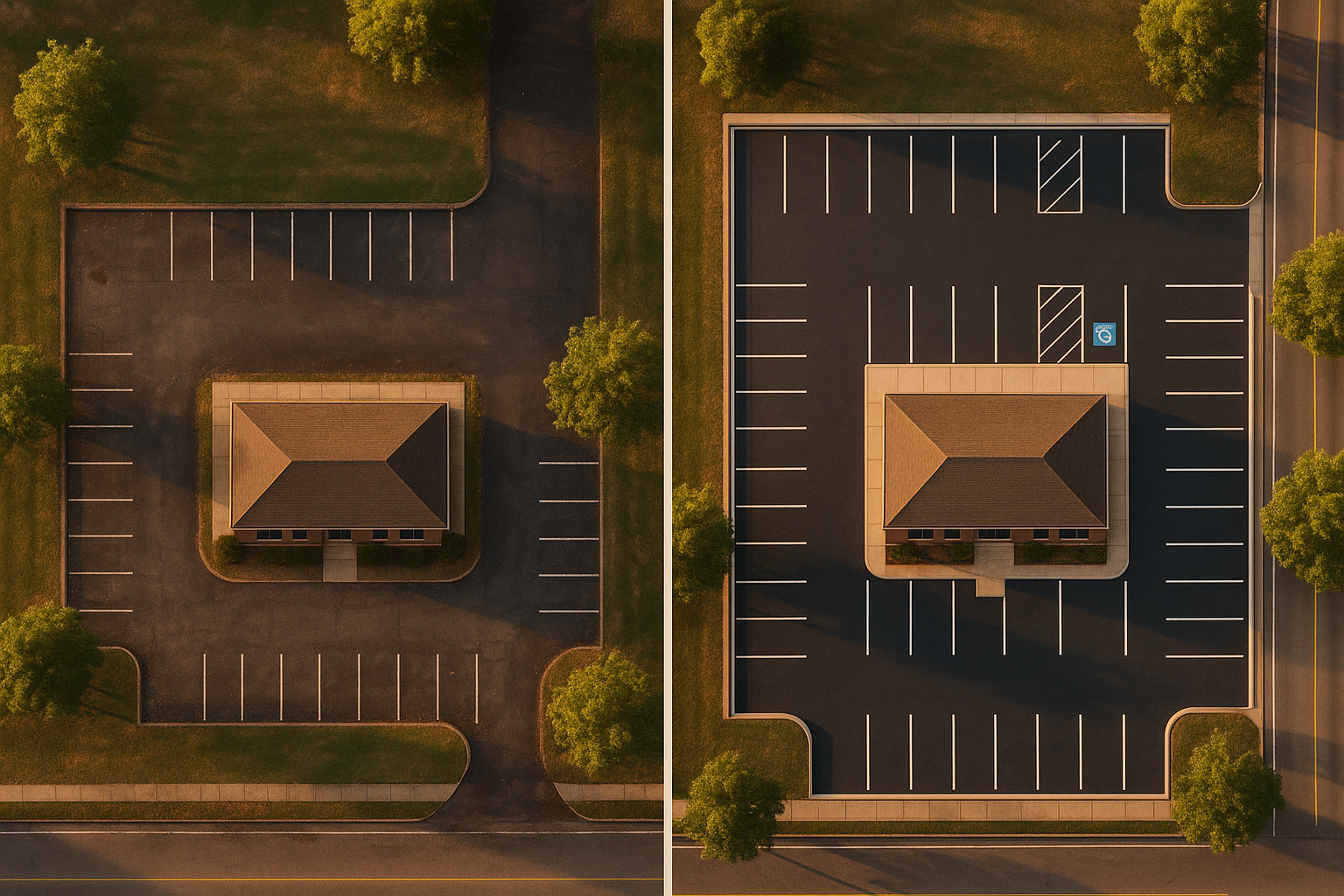 Aerial before-and-after of small office parking expansion, asphalt, striping, brick facades, warm golden-hour light.