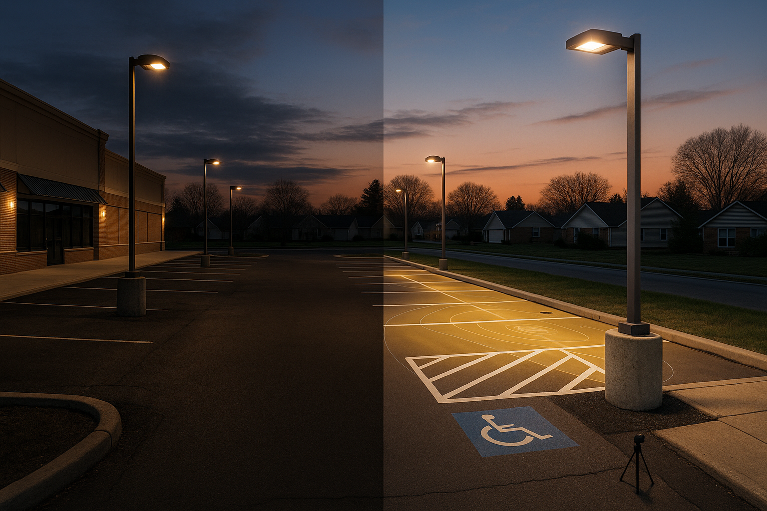 Dusk split before-and-after strip-center lot with LED poles, heatmap overlay, repaired pole base, ADA space, conduit patch.