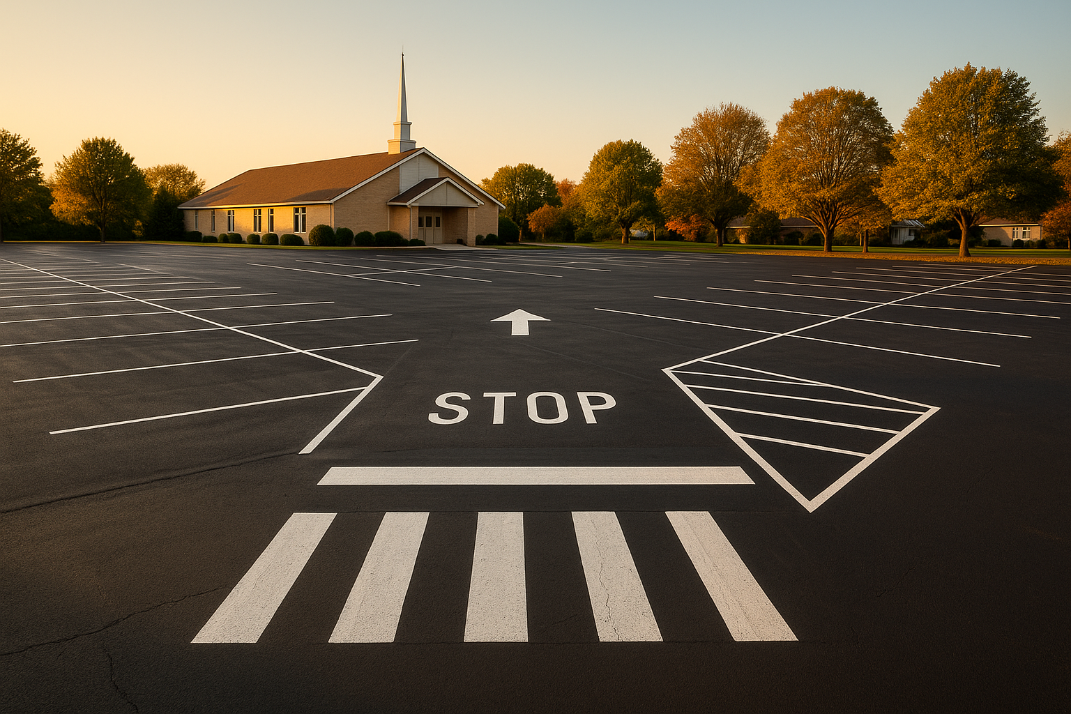 Wide-angle Avon church parking lot with fresh white stall lines, arrows, stop bars, sealcoated asphalt, warm golden-hour light.