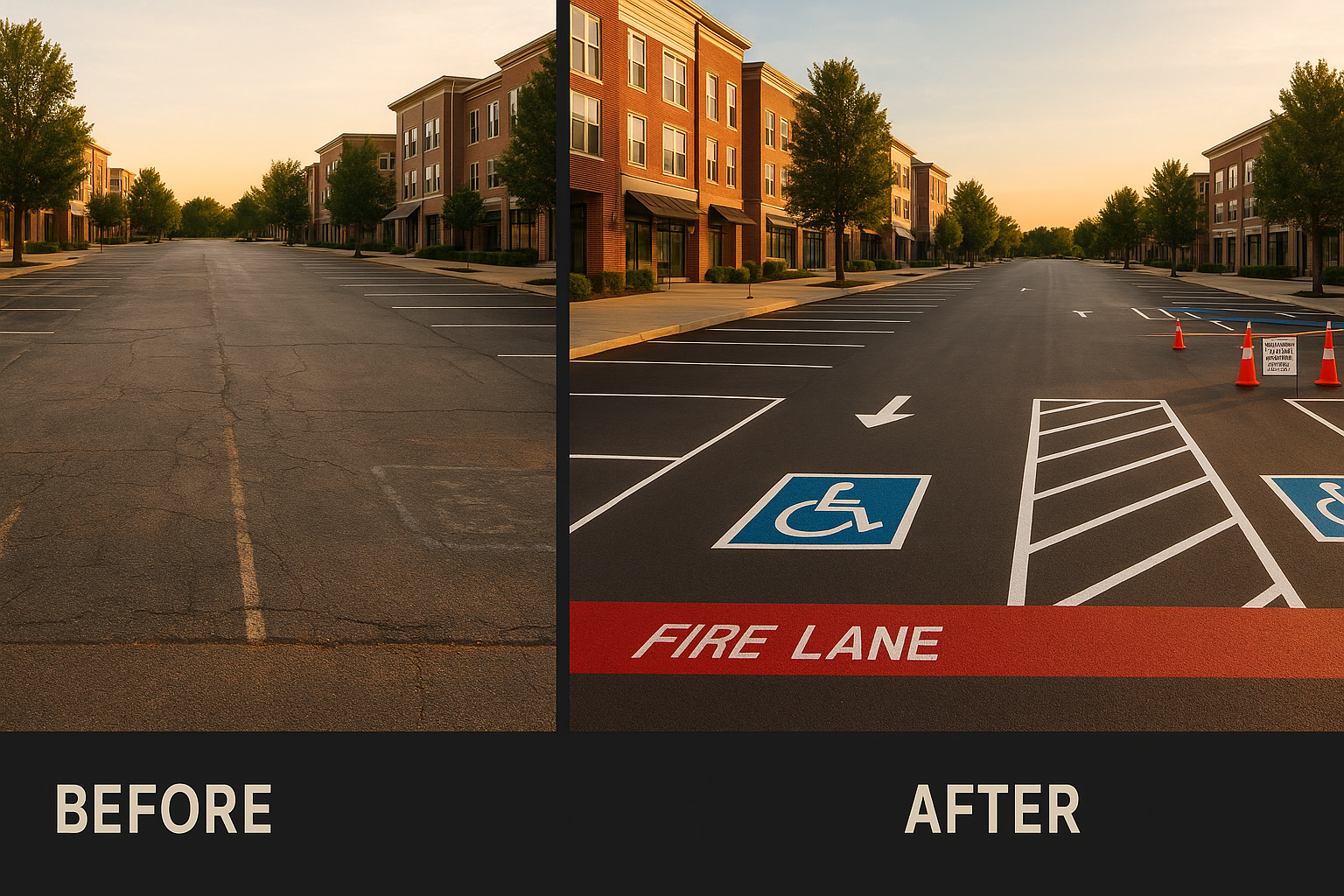 Wide before-and-after parking lot at golden hour showing faded striping versus crisp restriped lines, ADA stalls, arrows, and red FIRE LANE curb.