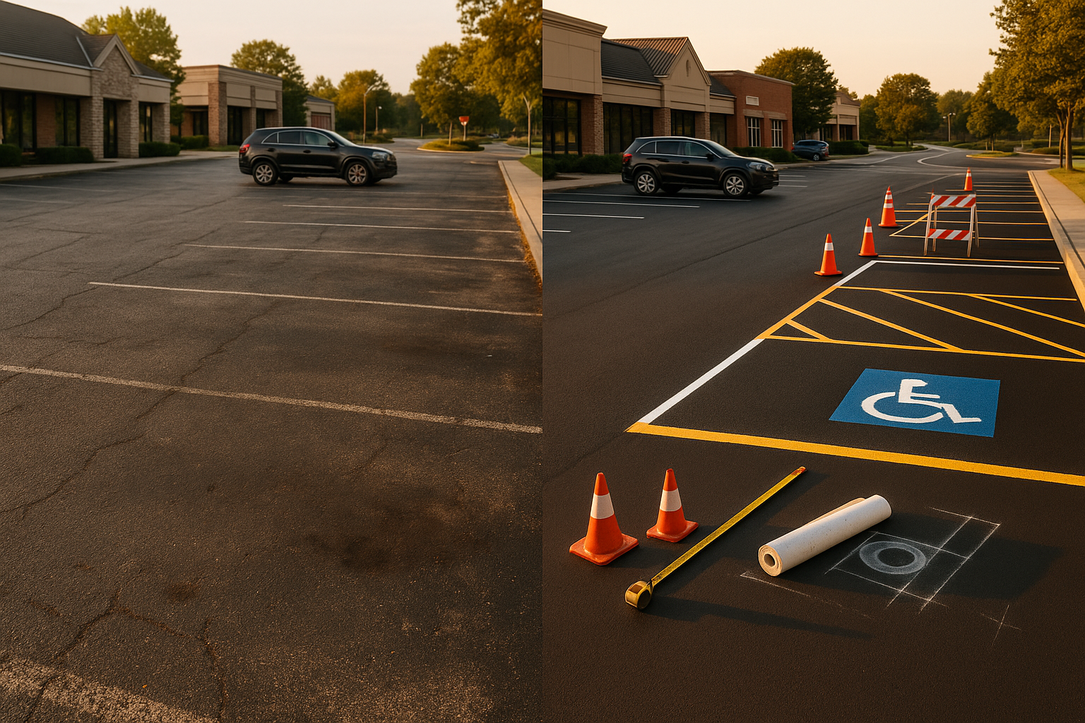 Wide side-by-side of faded vs freshly striped suburban parking lot at golden hour, thermoplastic and paint visible.