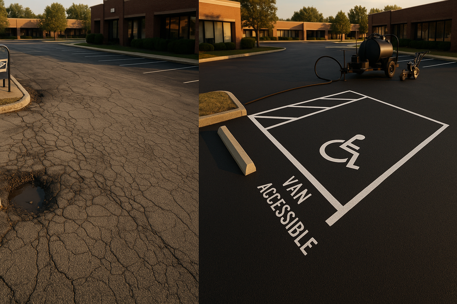 Split before-and-after parking lot: degraded asphalt and potholes vs INDOT-grade sealcoat and crisp ADA restriping, golden hour.