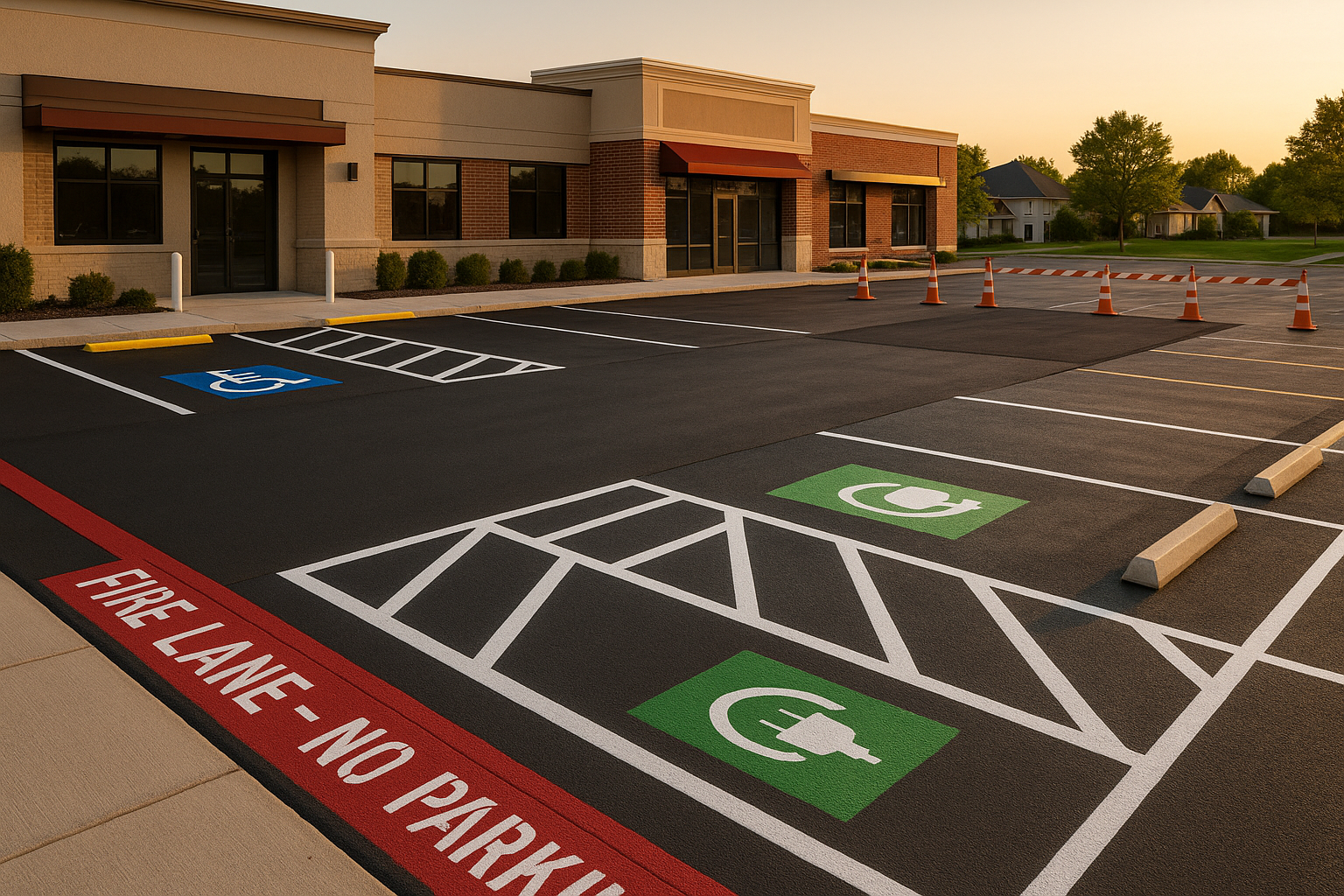 Wide-angle Fishers parking lot, fresh high-contrast striping, ADA stall, red fire-lane curb, EV stall, cones, golden hour light.