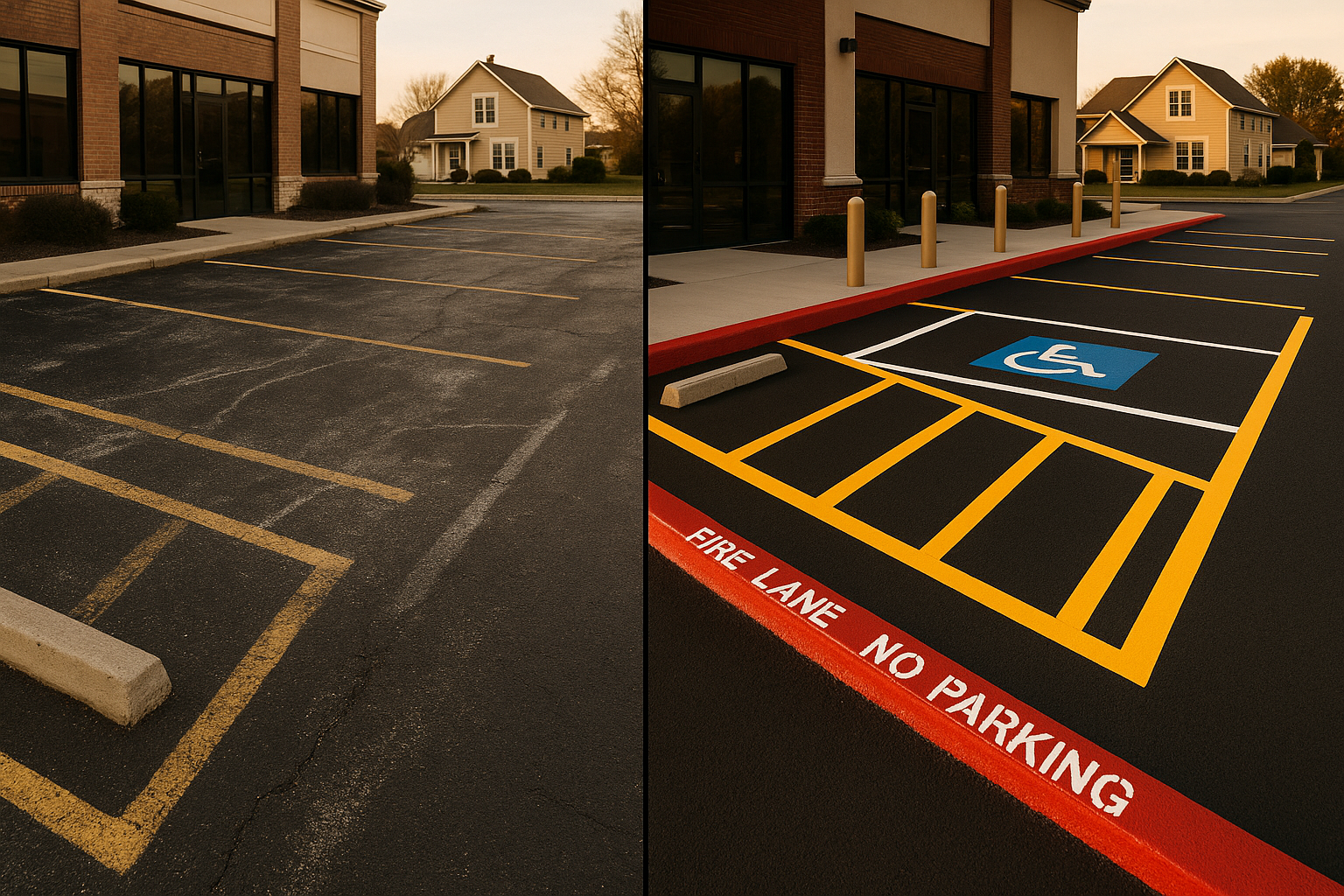 Split before-and-after parking lot: faded vs fresh striping, ADA stall, red fire lane curb, golden hour suburban lighting.