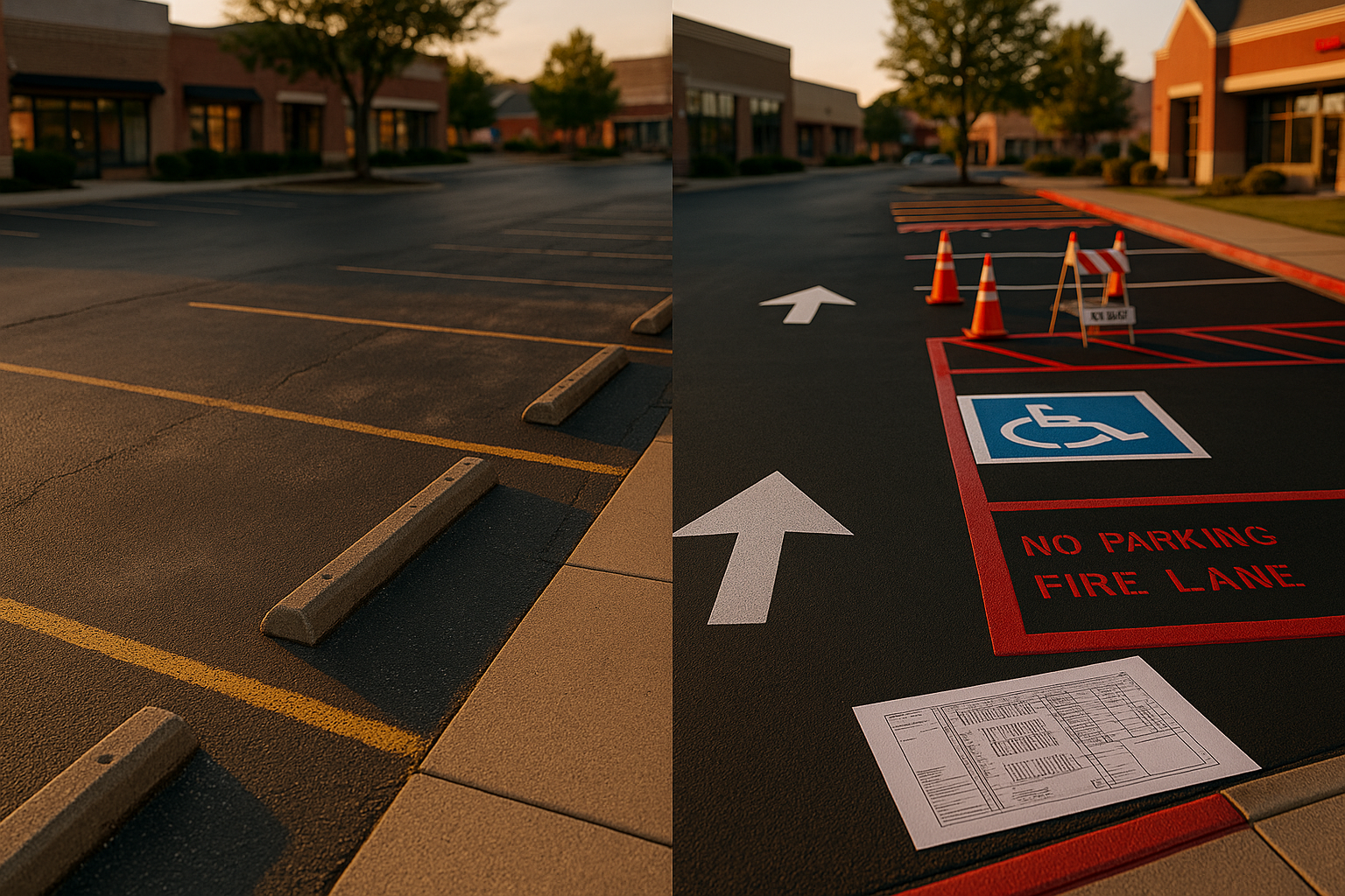 Wide split parking lot: left faded lines, right fresh crisp striping, ADA stall, arrows, cones, warm golden hour.