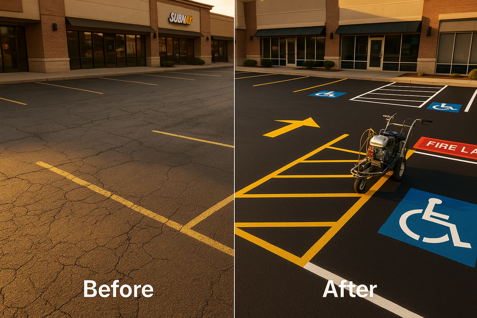 Split-frame before-and-after retail parking lot: faded cracked asphalt vs. freshly restriped lot with ADA blue stall, red FIRE LANE curb, golden-hour light.