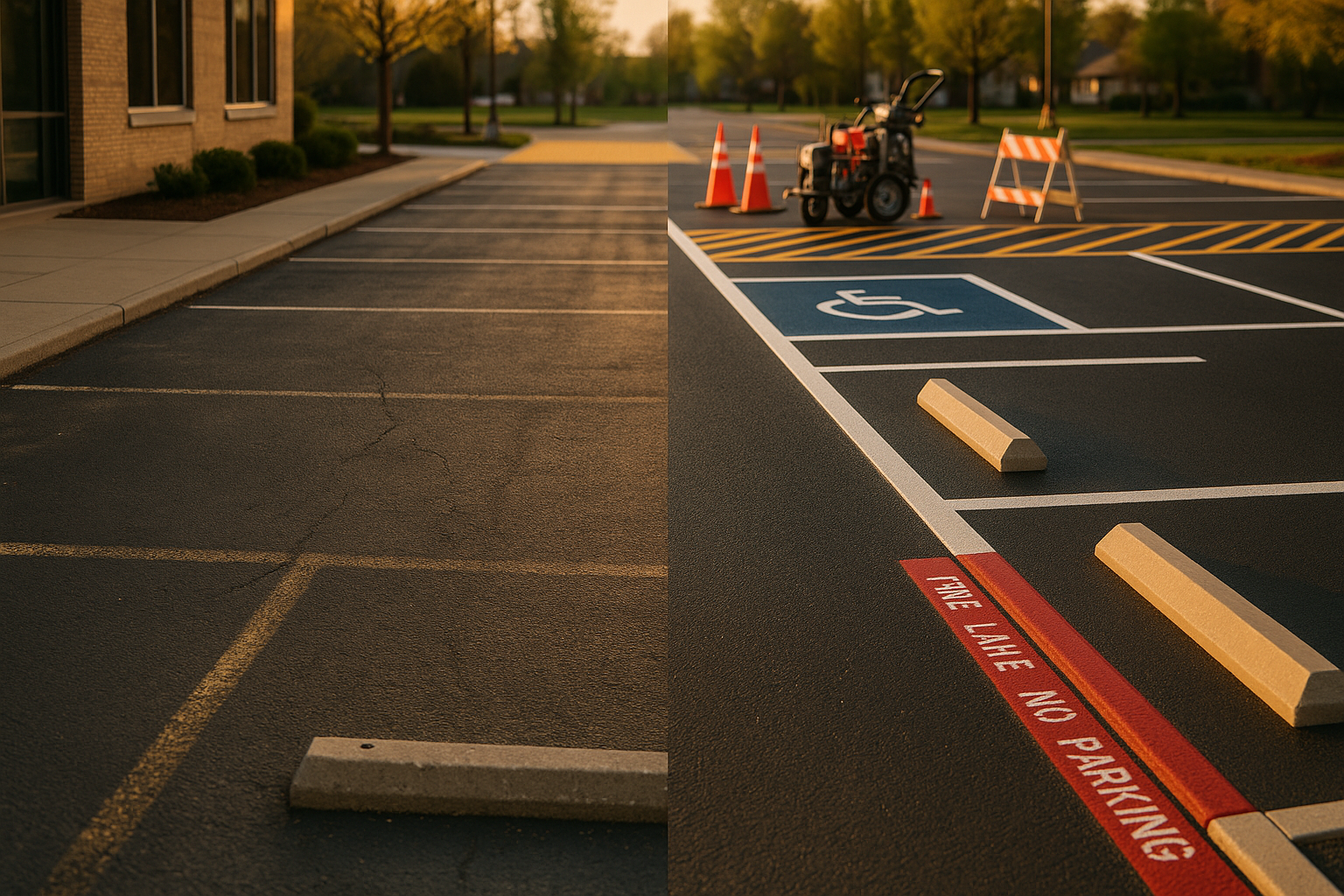 Split-view lot: faded left, freshly striped right, cones, unmanned striping machine, ADA stall, fire lane, golden hour.