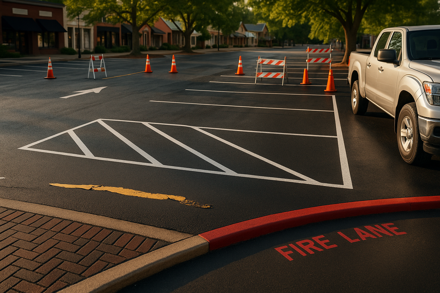 Golden-hour Zionsville parking lot with fresh lines, peeled yellow stripe, cones, brick crosswalk, service truck, sun and shade contrast.