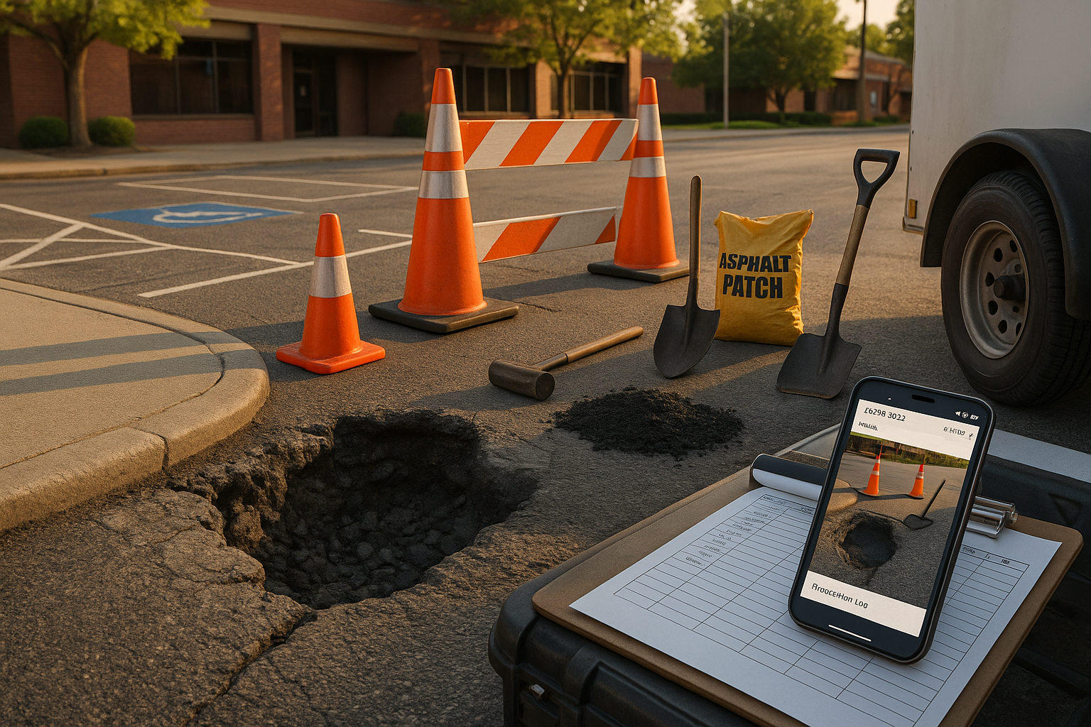 Close-up jagged pothole at curb ramp with cold-patch, cones, clipboard and smartphone in golden-hour light, high-detail asphalt texture.