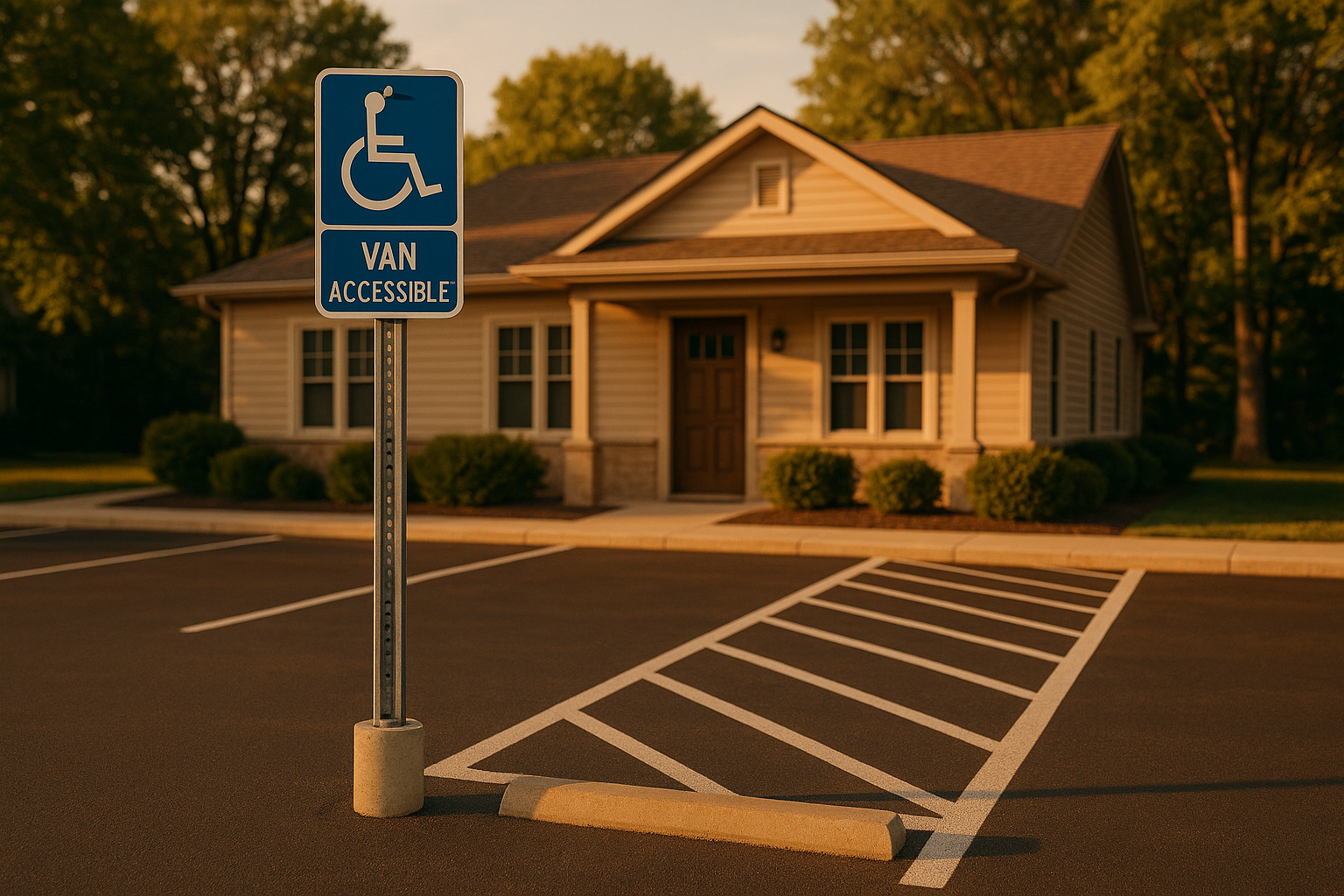 Golden-hour compliant accessible stall with Type XI ISA sign on galvanized post, Van plaque, concrete footing, stainless hardware, tree-lined office park.