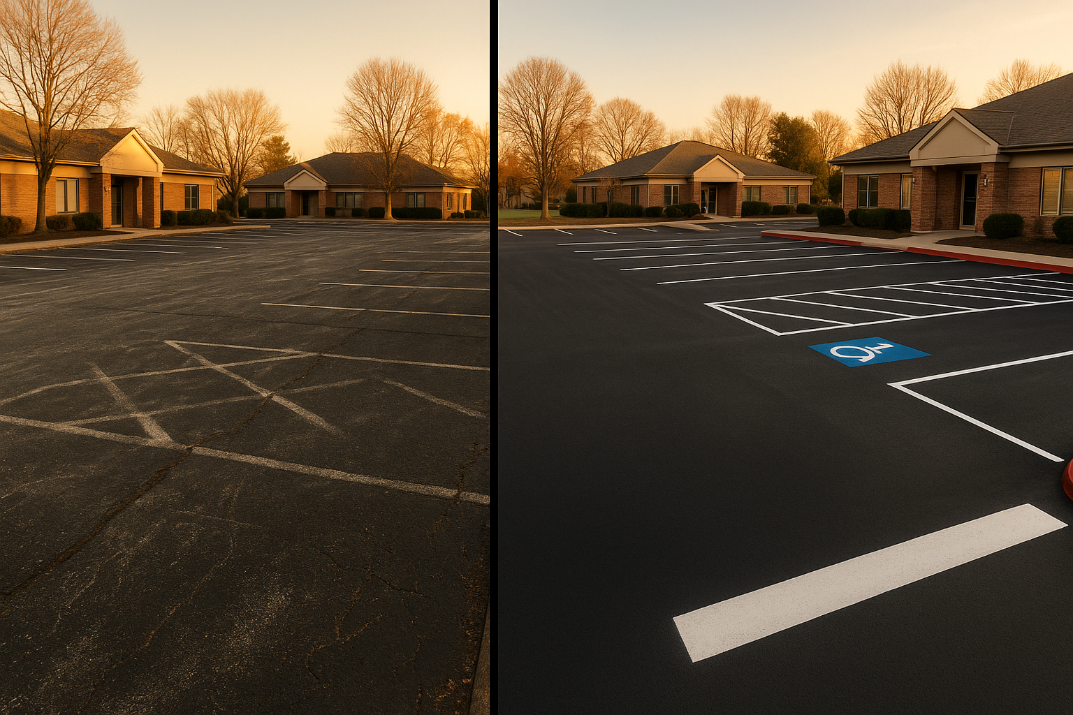 Split wide view of Castleton-area lot before (faded lines, oxidized asphalt) and after (crisp white lines, blue ADA stalls) in golden hour.
