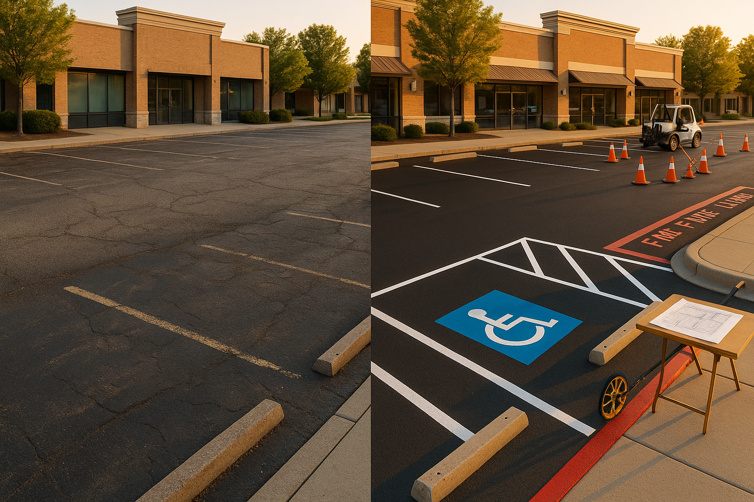 Diptych: left faded asphalt lines, right newly restriped with glass-bead paint, ADA stall, red curb, wheel stops, golden-hour lighting.