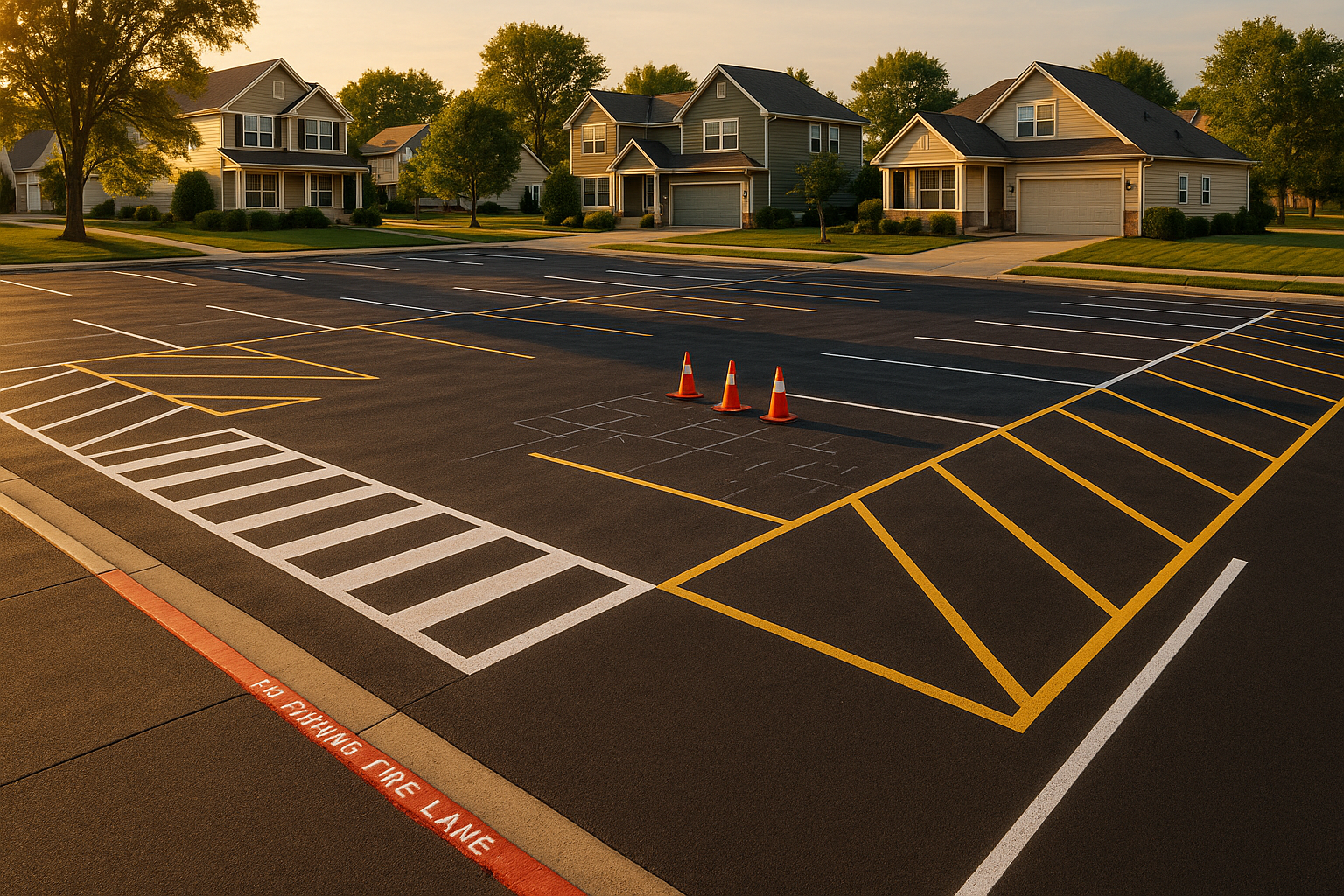 Empty Indianapolis parking lot at golden hour with crisp new stripes, thermoplastic markings, staged cones and clean asphalt texture.