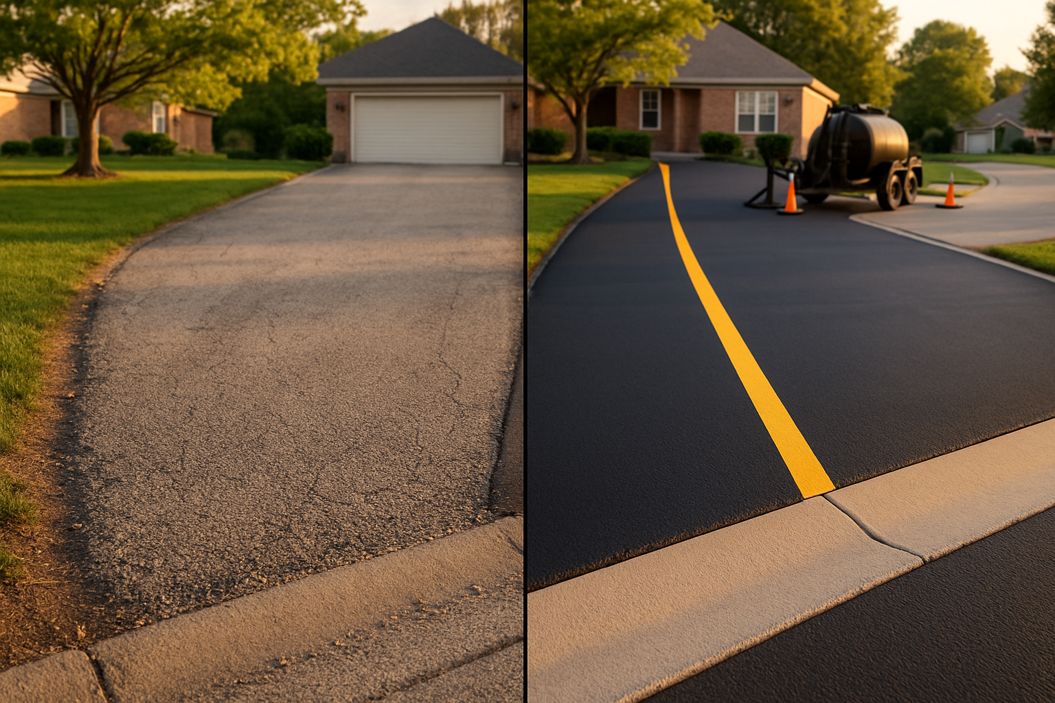 Split-view driveway: left oxidized gray asphalt, right dark cured sealer with fresh stripes, warm golden hour suburban setting.