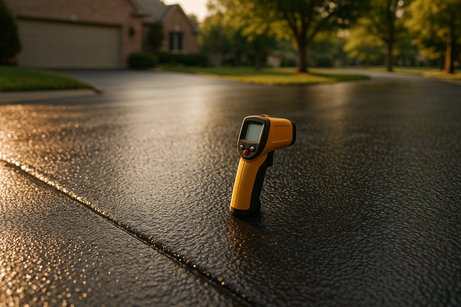 Close-up damp asphalt driveway with sealer sheen, infrared thermometer device, golden hour light in suburban setting.