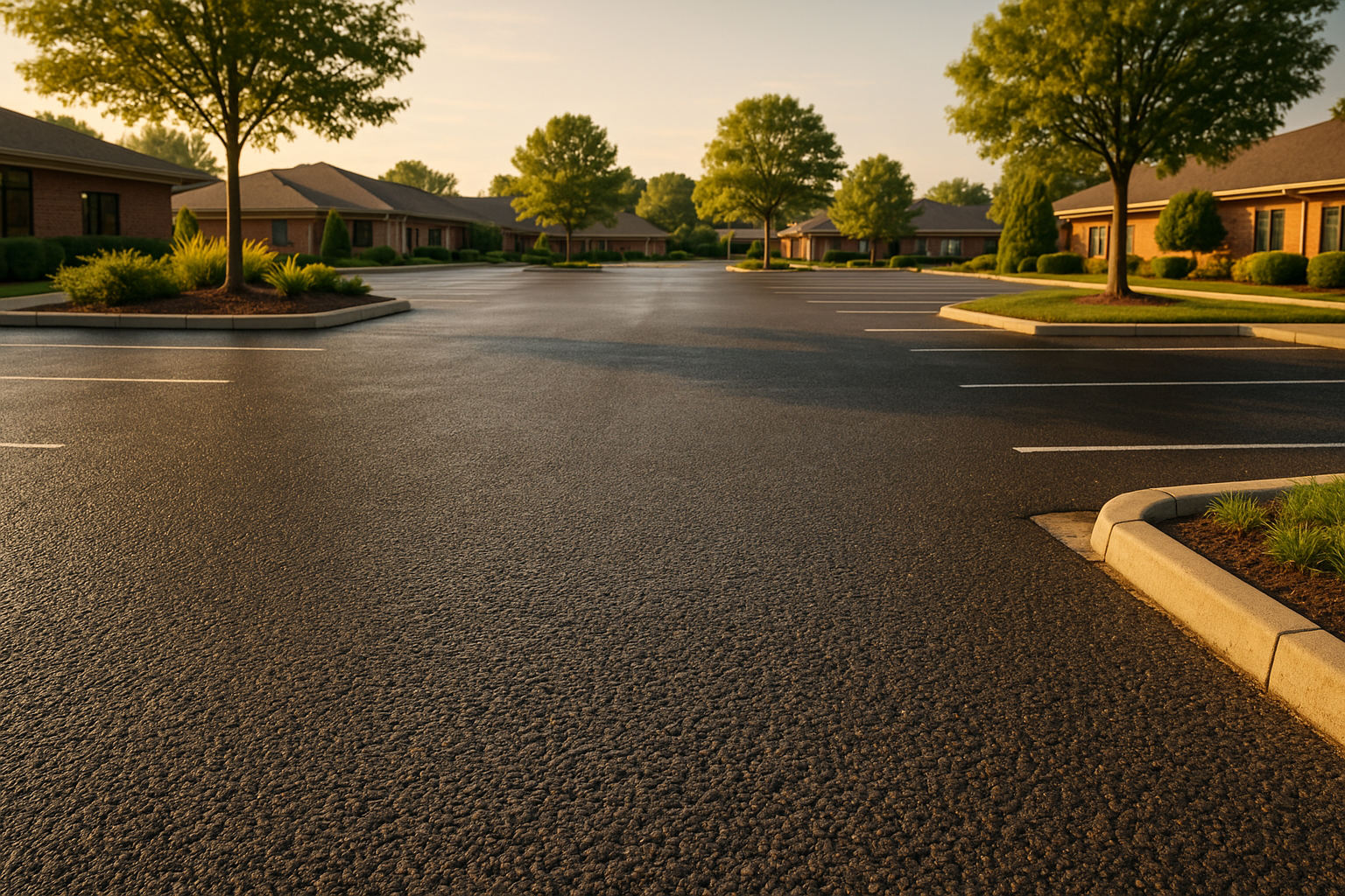 Wide shot of a small lot showing dry permeable asphalt after rain, curb, and suburban Indiana background in warm golden hour.