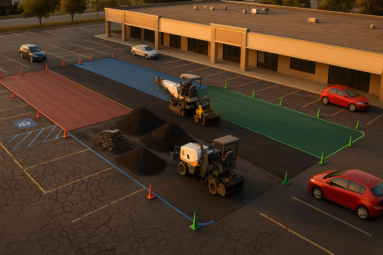 Aerial golden-hour view of an Indianapolis strip-mall lot divided into red/blue/green paving phases, idle equipment, RAP piles, visible alligator cracking.