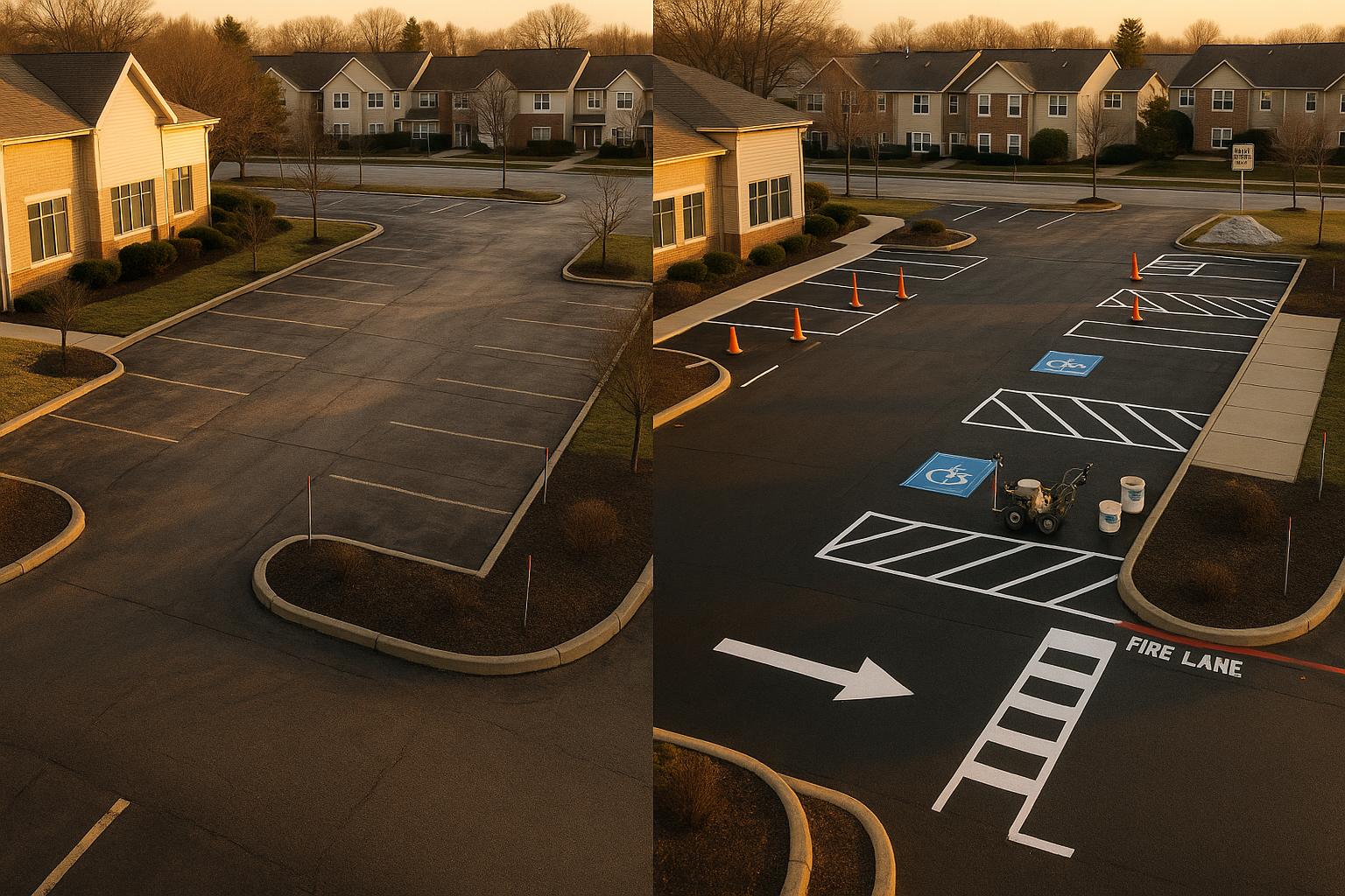 Aerial before-and-after restriped Indianapolis lot at golden hour; faded left, fresh high-contrast lines, ADA stalls, cones, snow stakes. No people.