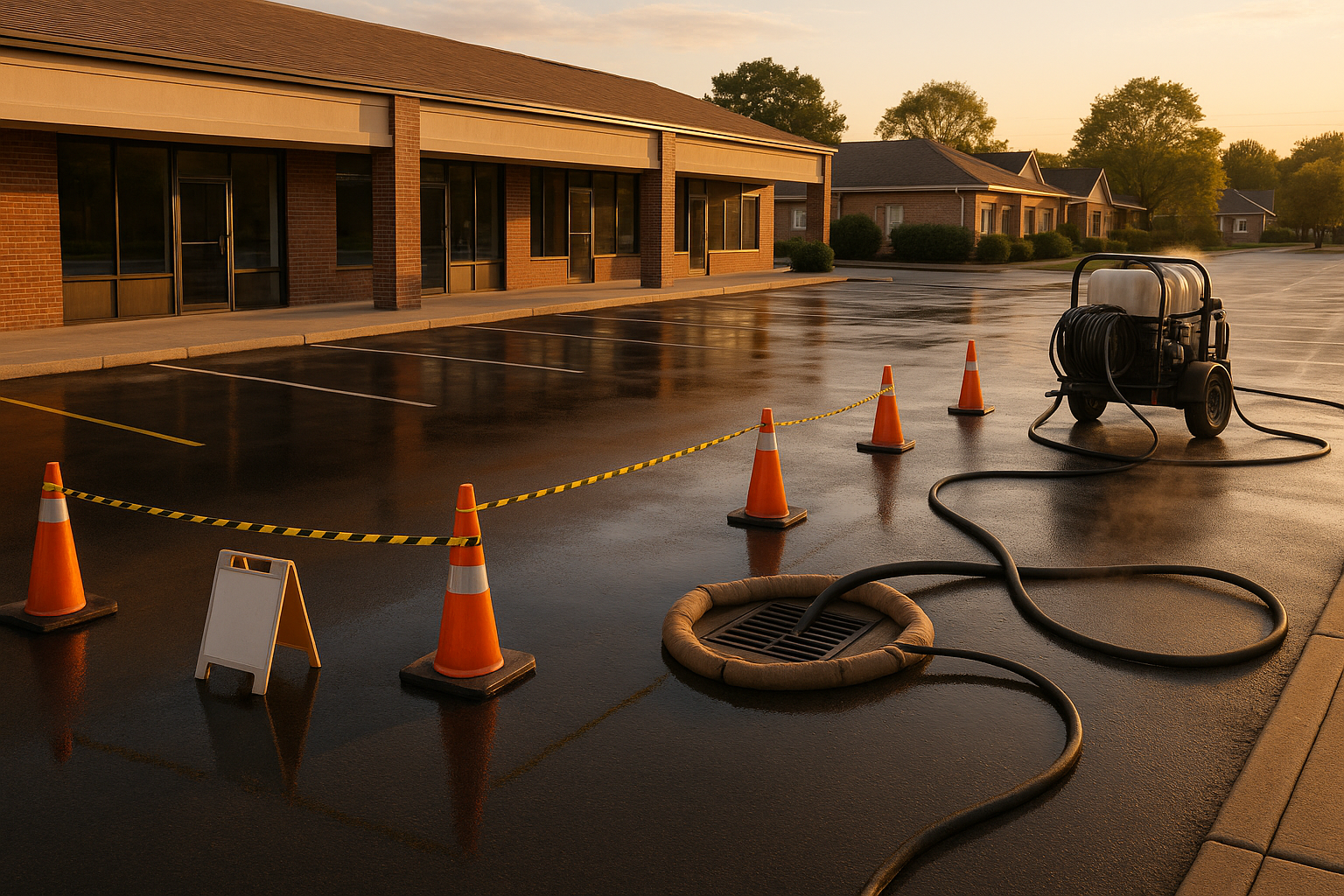 Wide golden-hour exterior of cleaned Indianapolis strip mall parking lot with wet asphalt, staged pressure washer and cones.