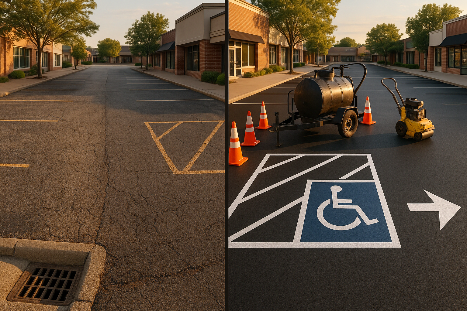 Split-view parking lot: faded oxidized asphalt vs fresh sealcoat and crisp ADA stripes in warm golden-hour light.