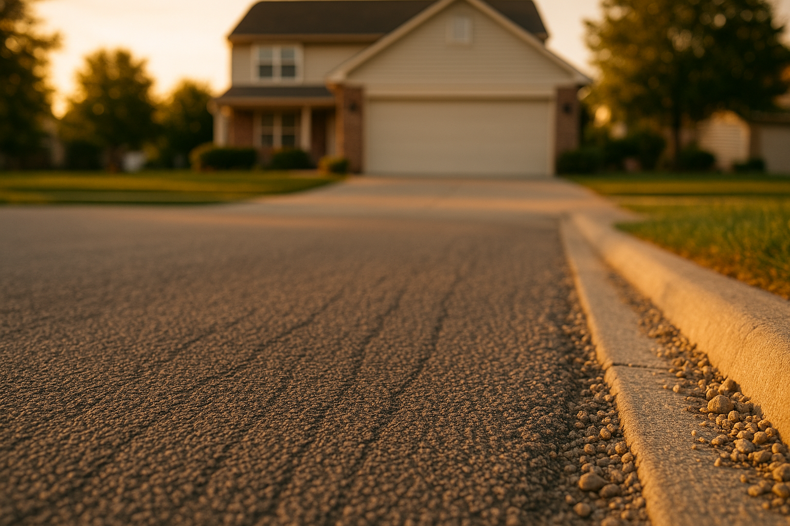 Golden-hour wide driveway showing sandpaper-like raveled asphalt, loose stones along gutter, wheel-path fuzzing, suburban context.