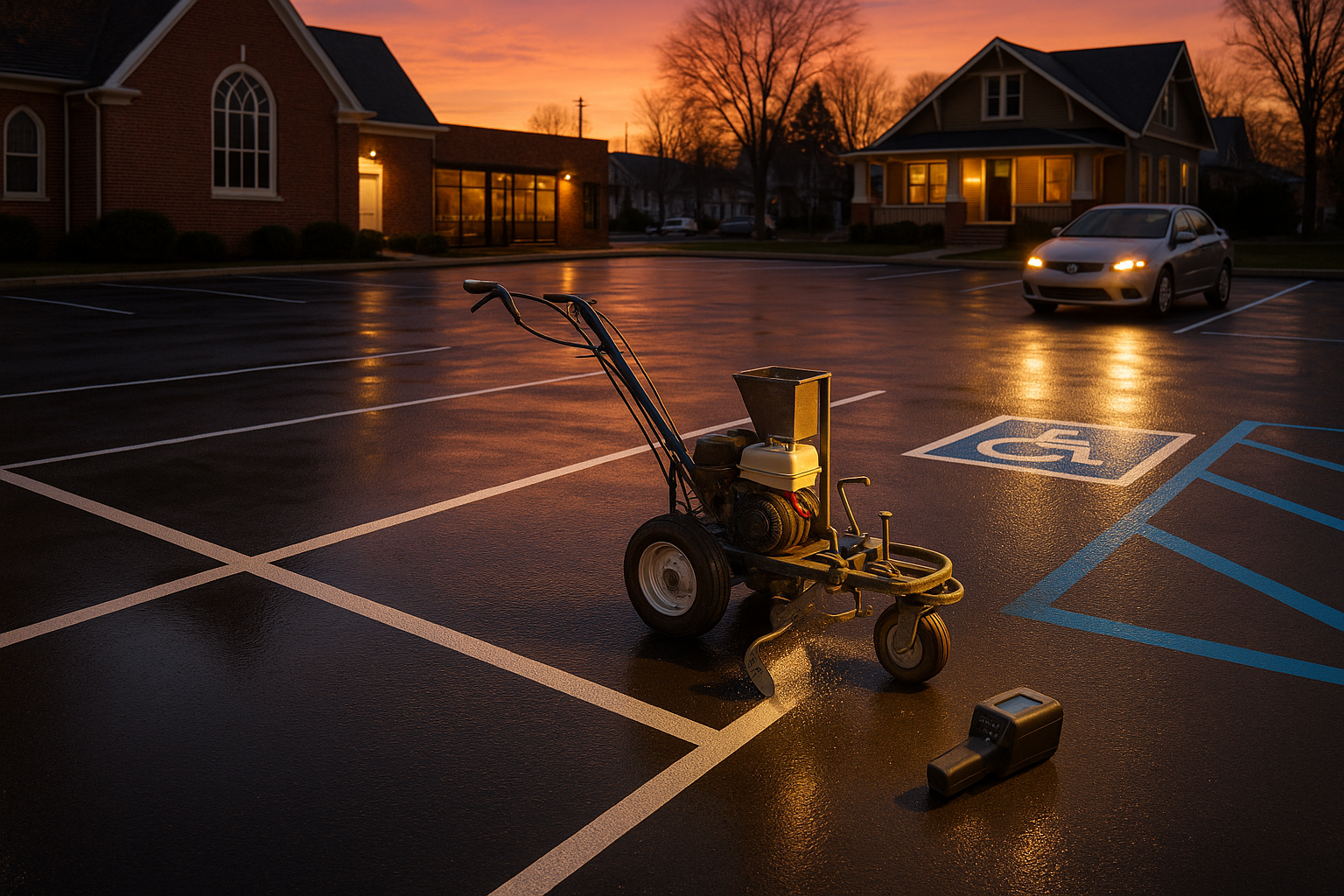 Dusk Indianapolis parking lot with fresh reflective stripes, striping machine, retroreflectometer, ADA stall, warm sky. Empty scene, no people.