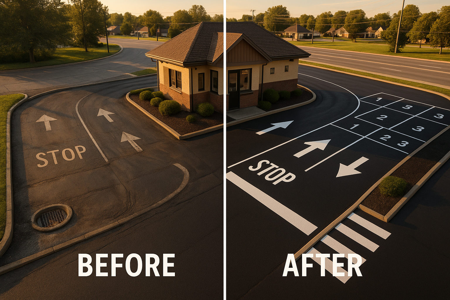 Overhead split of coffee drive-thru: faded left side vs fresh thermoplastic right, asphalt texture, glass beads, golden hour suburban setting.