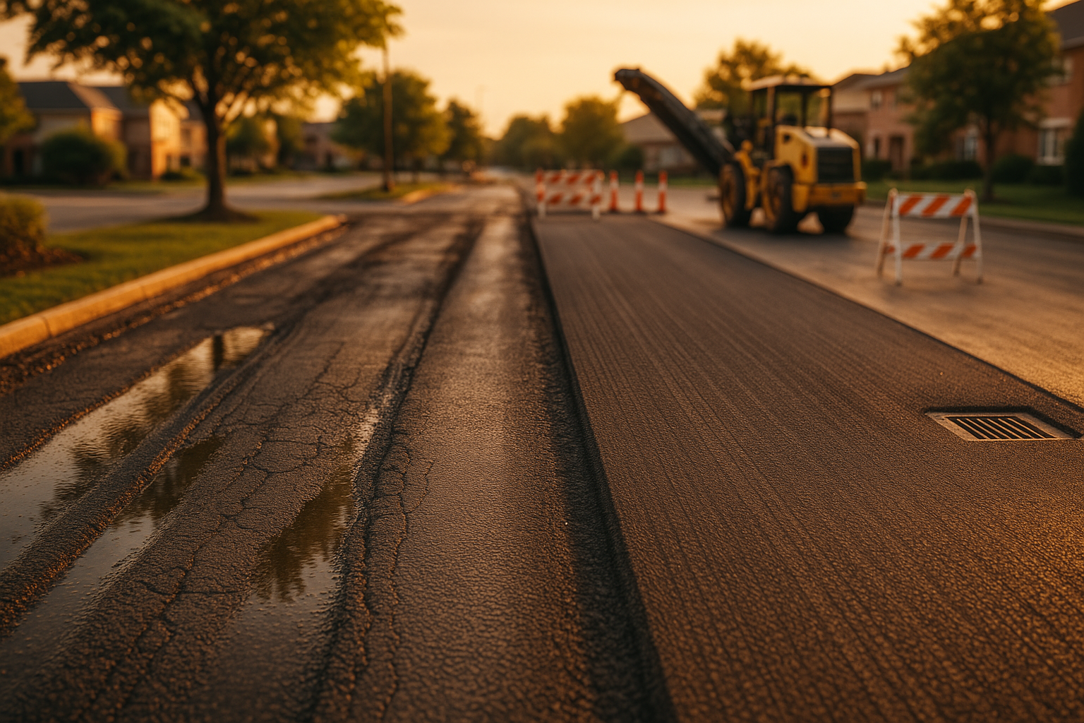 Wide warm golden-hour parking lot before-and-after: rutted puddled lane beside milled inlay, parked equipment, cones, catch basin, suburban setting.
