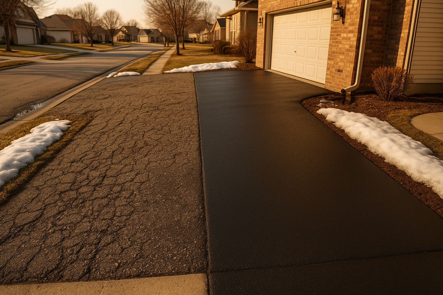 Wide golden-hour Indianapolis driveway showing worn pockmarked asphalt beside fresh polymer sealcoat, downspout and low spot, wet patches, no people.