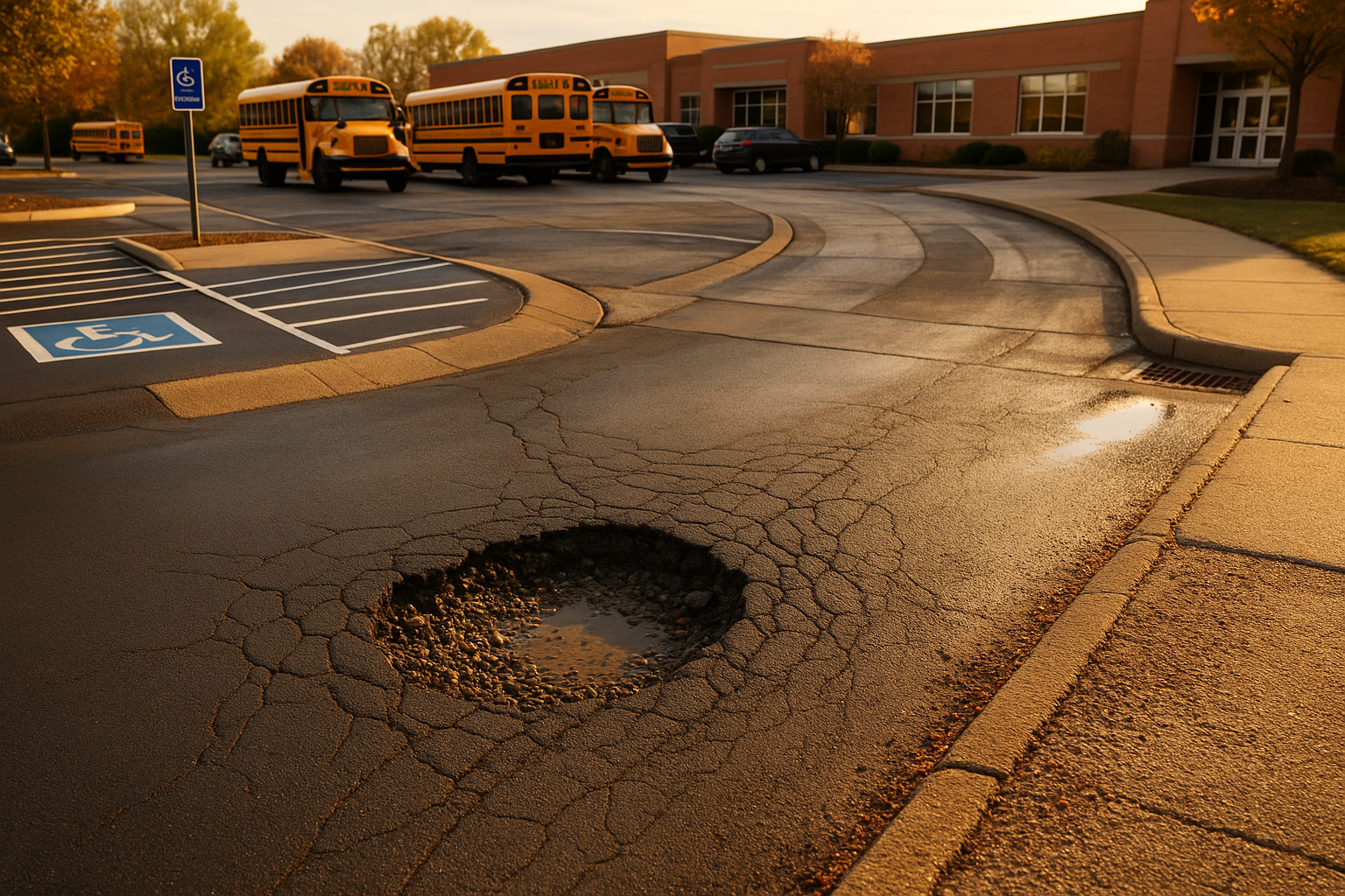Golden-hour wide shot of Indianapolis K–8 drop-off lane: laundry-basket pothole, cracked asphalt, bus-loop rutting, ADA stall, drainage puddle.