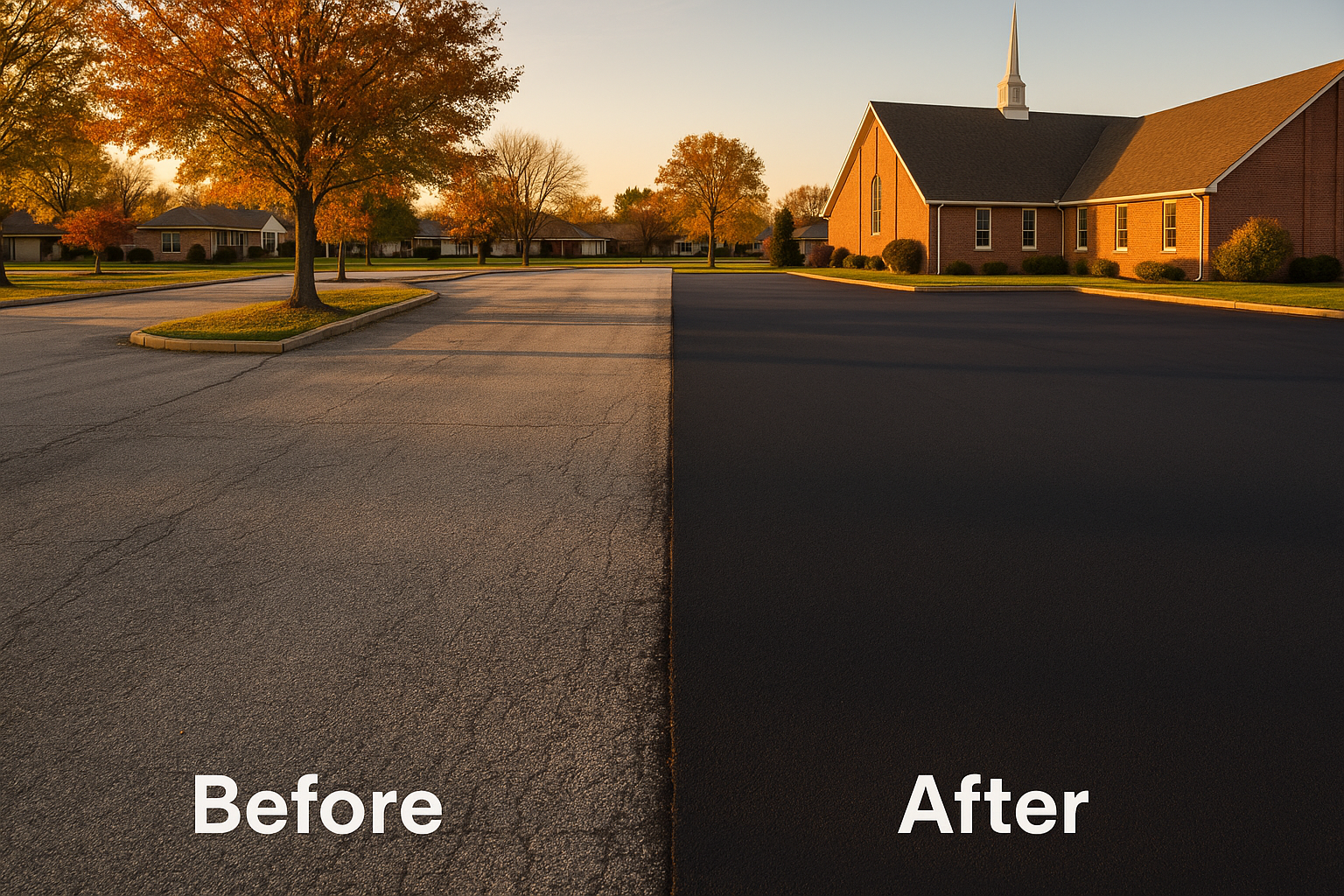 Wide before-and-after suburban church parking lot; faded gray next to deep-black sealcoat, warm golden hour.