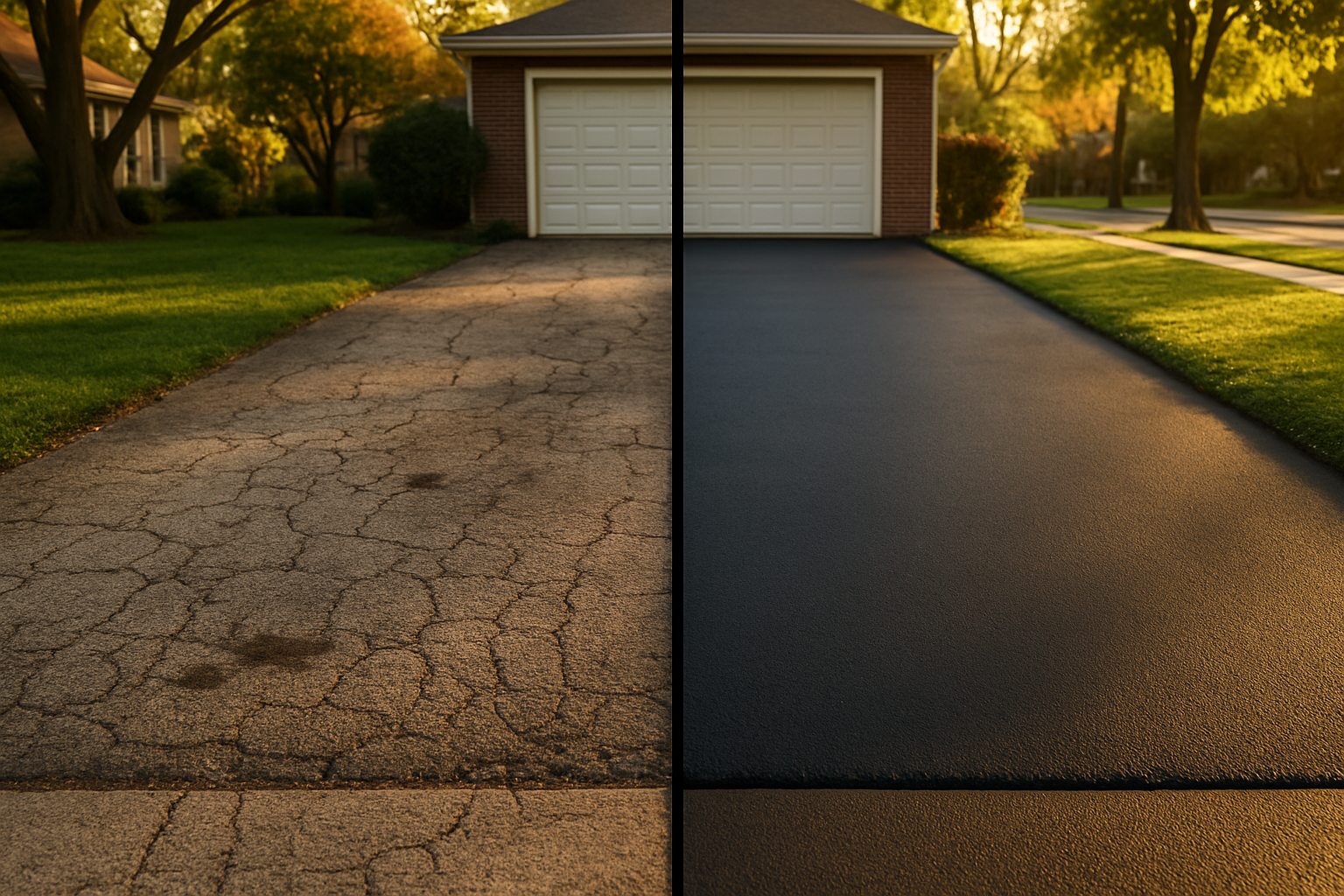Split before-and-after driveway: faded cracked asphalt vs fresh two-coat black sealcoat in warm golden-hour light.