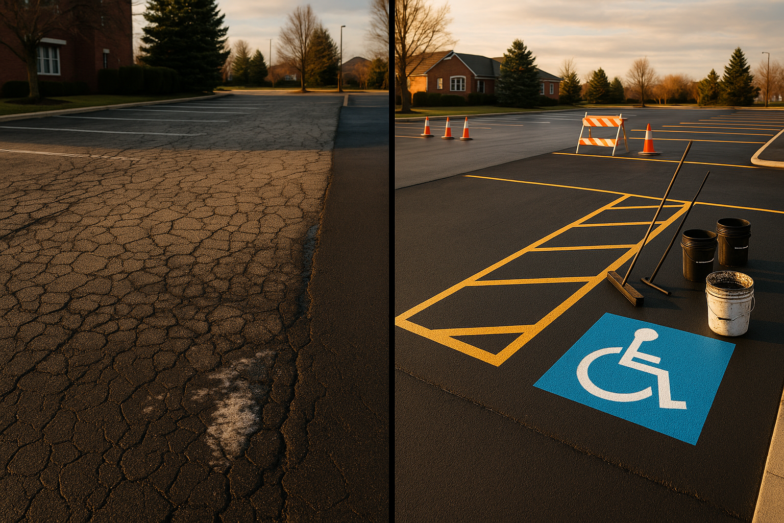 Split suburban lot: cracked asphalt left, patched and fresh sealcoated right, crisp striping, cones, warm golden-hour light.