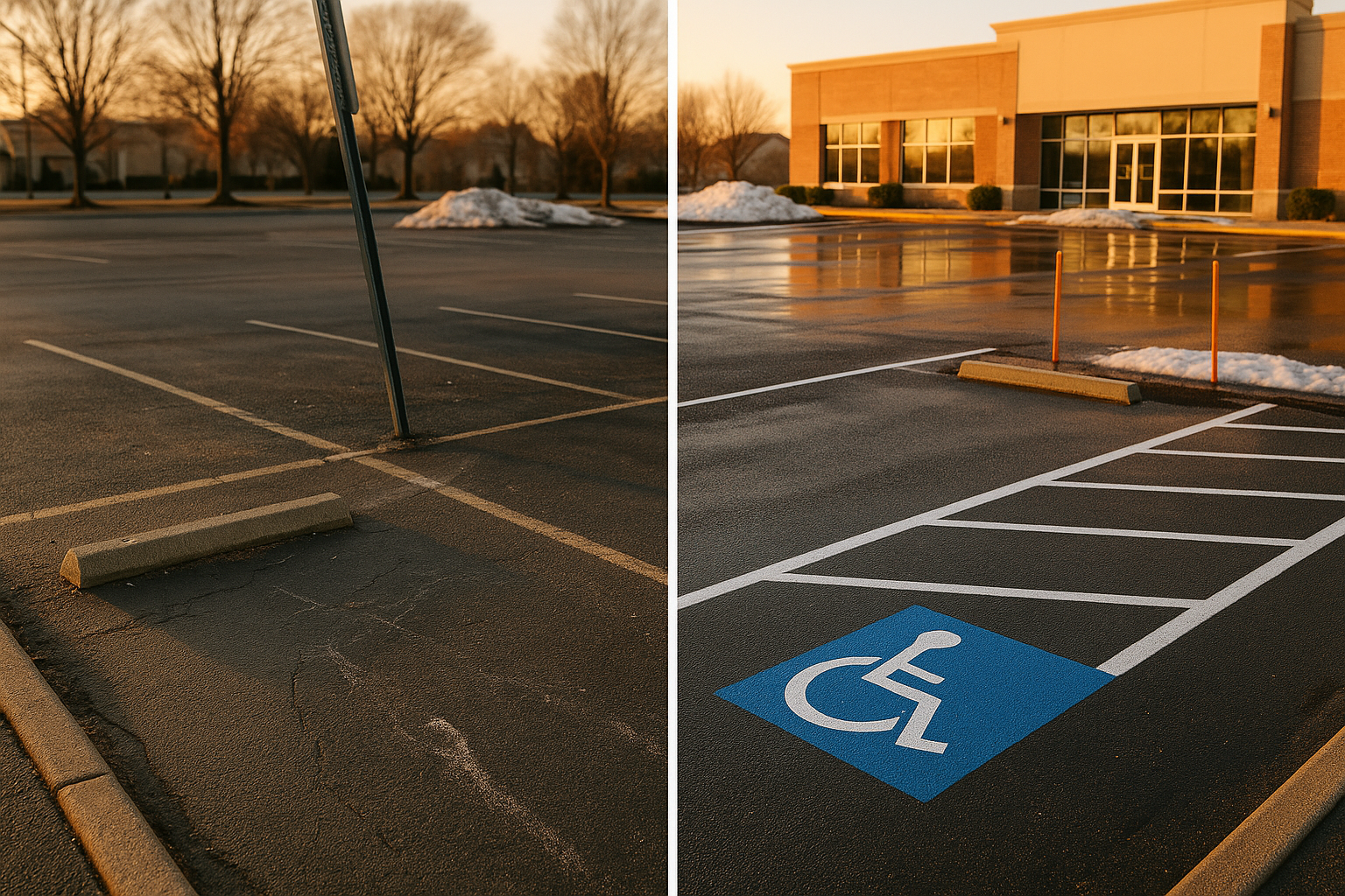 Split suburban parking lot at golden hour: half worn scraped striping, half freshly re-striped ADA stall with bright beads.
