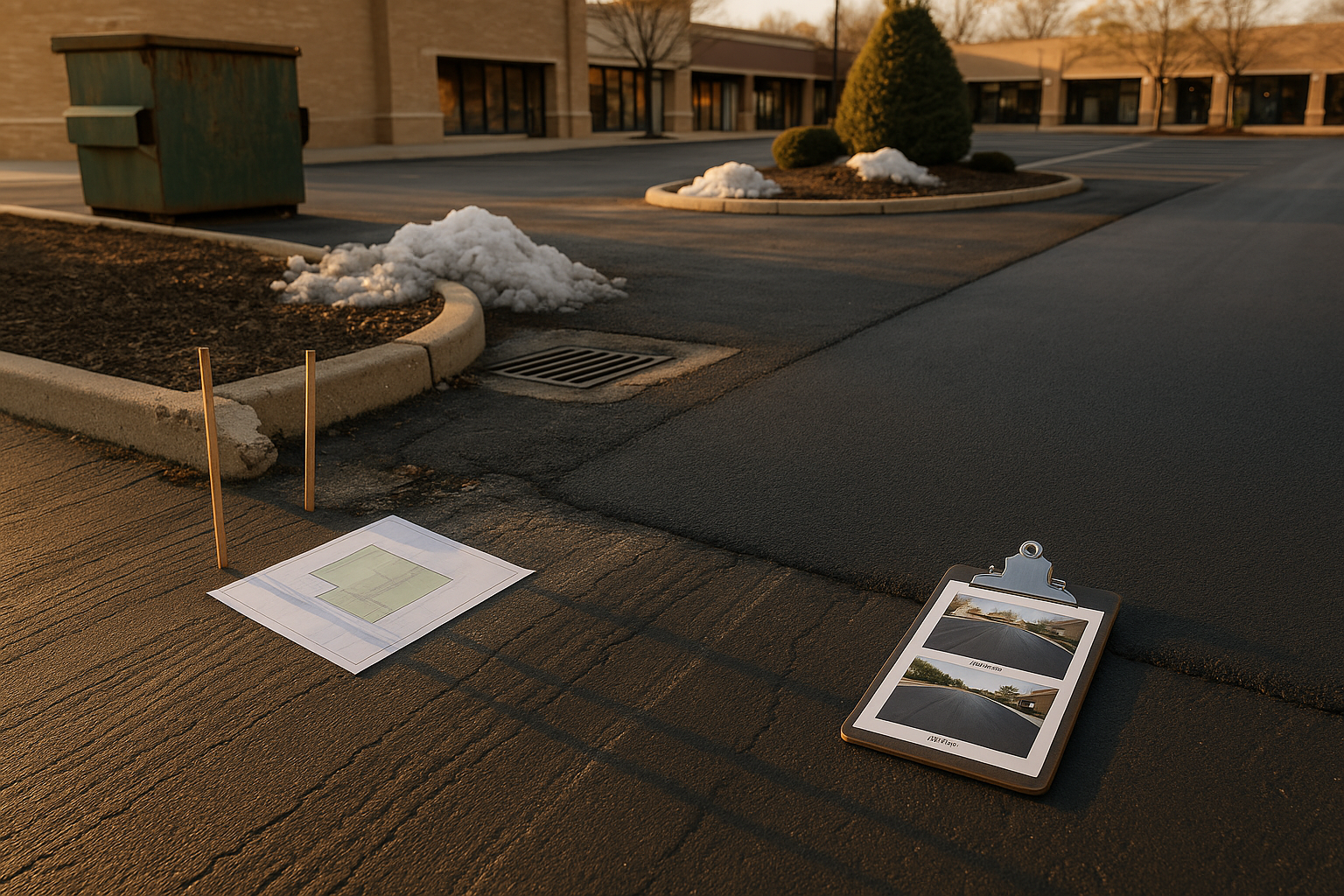 Suburban retail parking lot at golden hour with scraped sealcoat streaks, chewed curb, snow and salt piles, site map and before/after photos on asphalt.