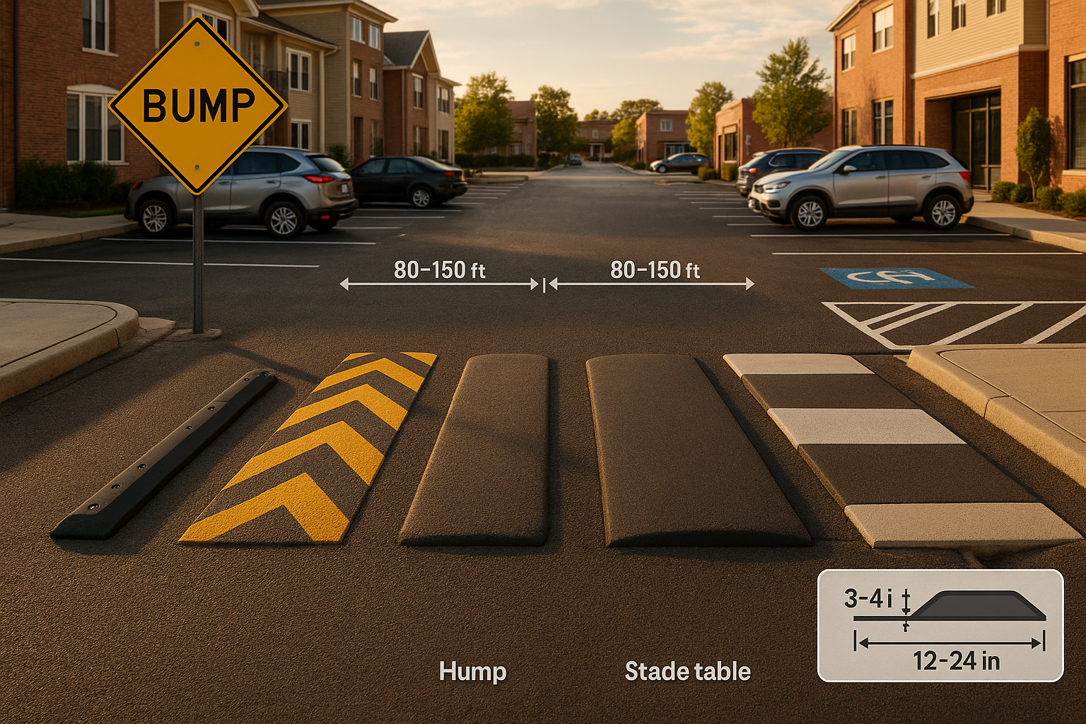Wide golden-hour lot showing rubber bolt-down bump, asphalt bump, speed hump and speed table with chevrons and MMA finish.