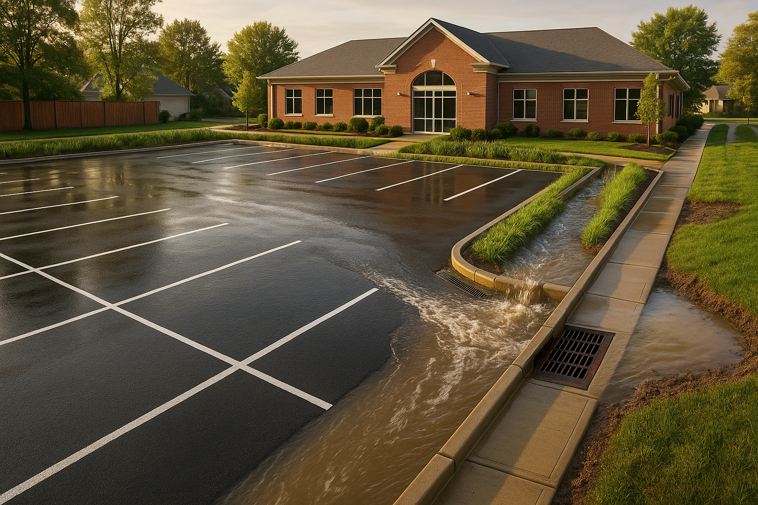 Golden-hour view of a newly paved 22-space parking lot with runoff sheeting to an overwhelmed catch basin and flooded adjacent backyard.