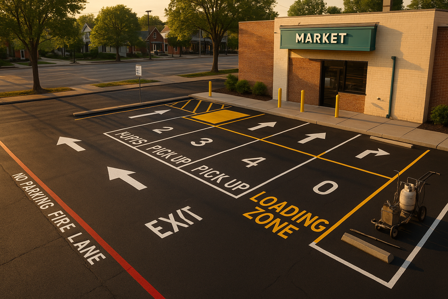 Golden-hour elevated view of Broad Ripple–style market with freshly thermoplastic-numbered BOPIS stalls, arrows, fire lane, glass-bead reflectivity, and staged striping gear.