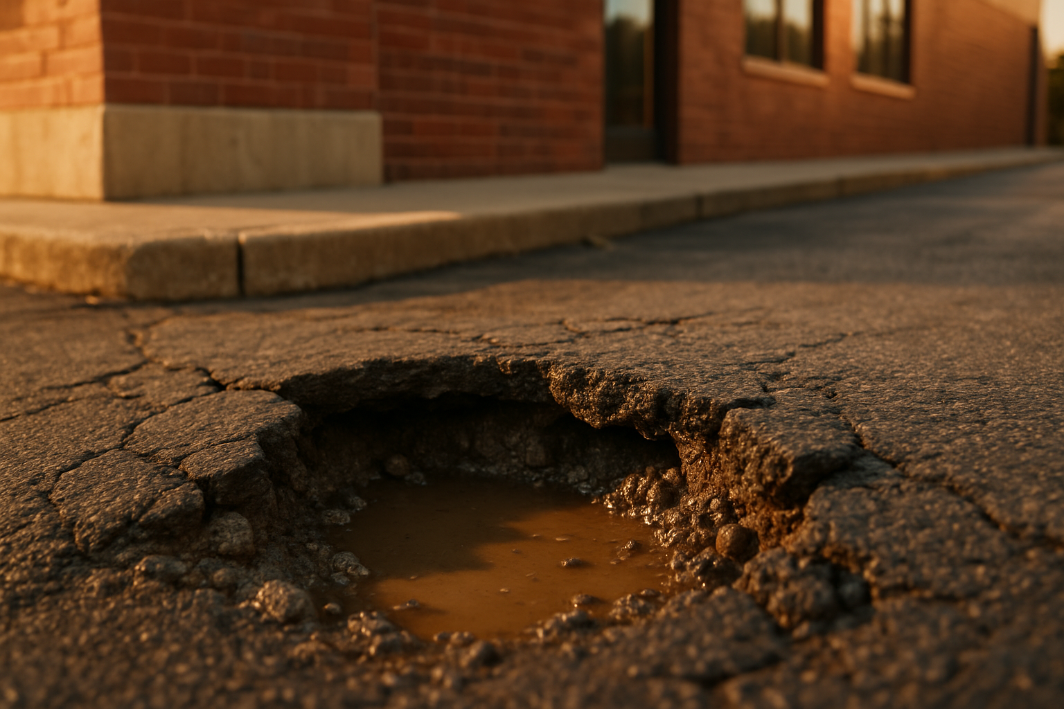 Close-up recurring pothole at delivery back-in lane; delaminated asphalt, wet pocket, brick storefront, warm golden-hour light.