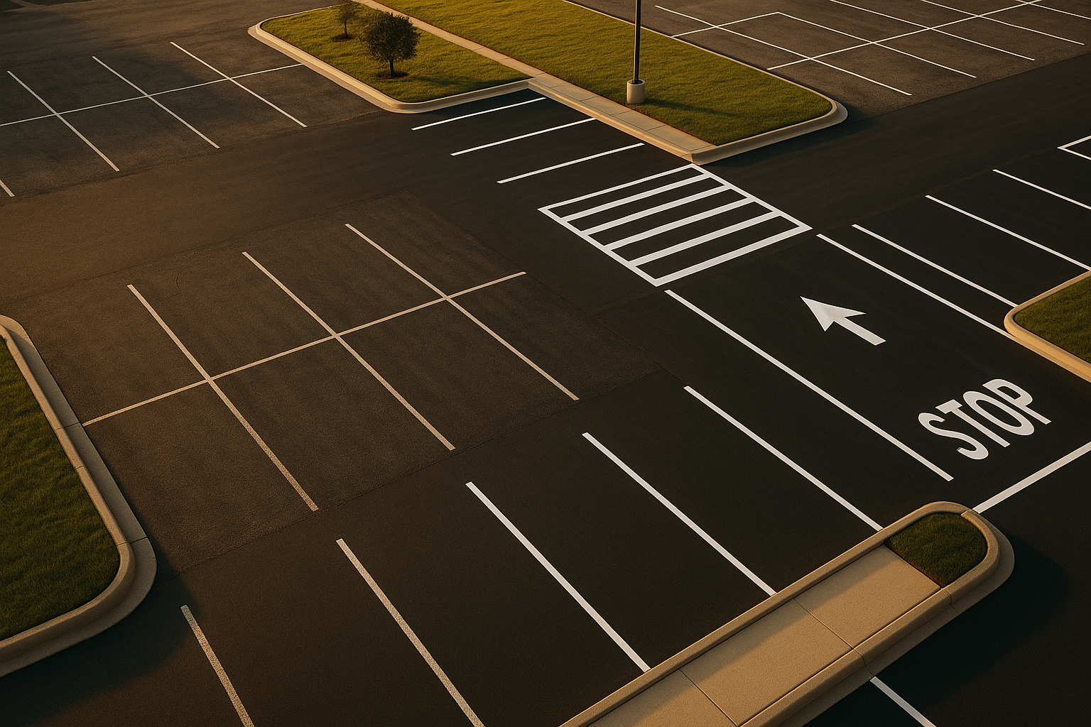 Aerial suburban parking lot split between accessible and freshly thermoplastic-striped areas in warm golden hour light.