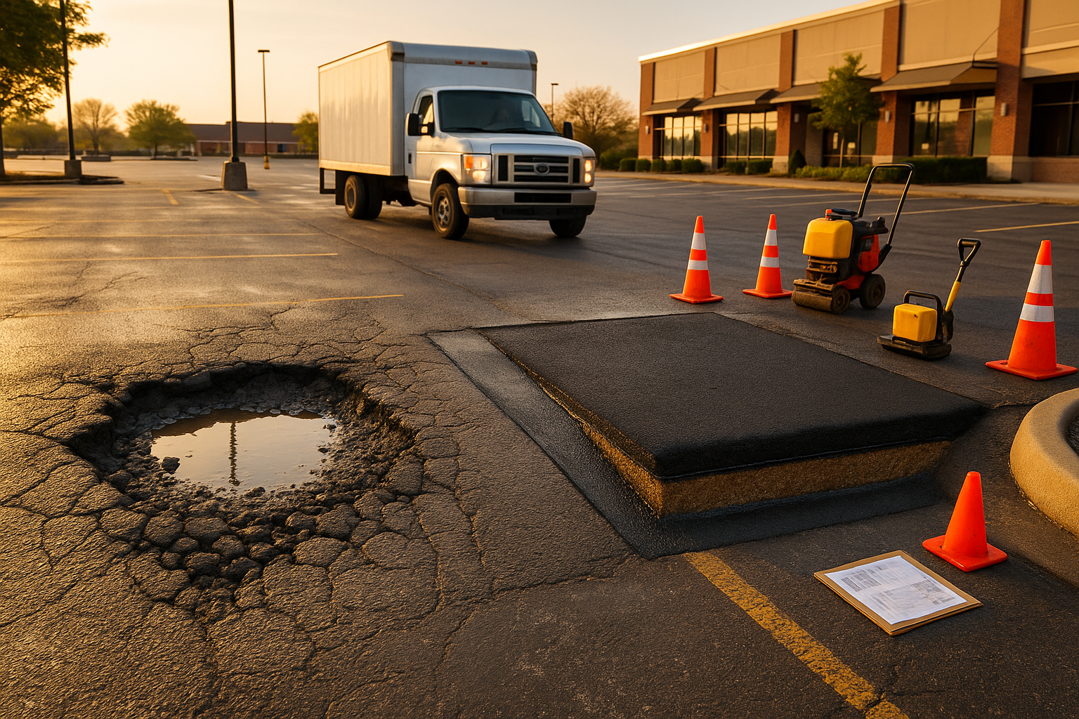 Golden-hour commercial lot before-and-after: failed cold patch crater next to restored permanent asphalt patch with sawcut edges and idle roller.