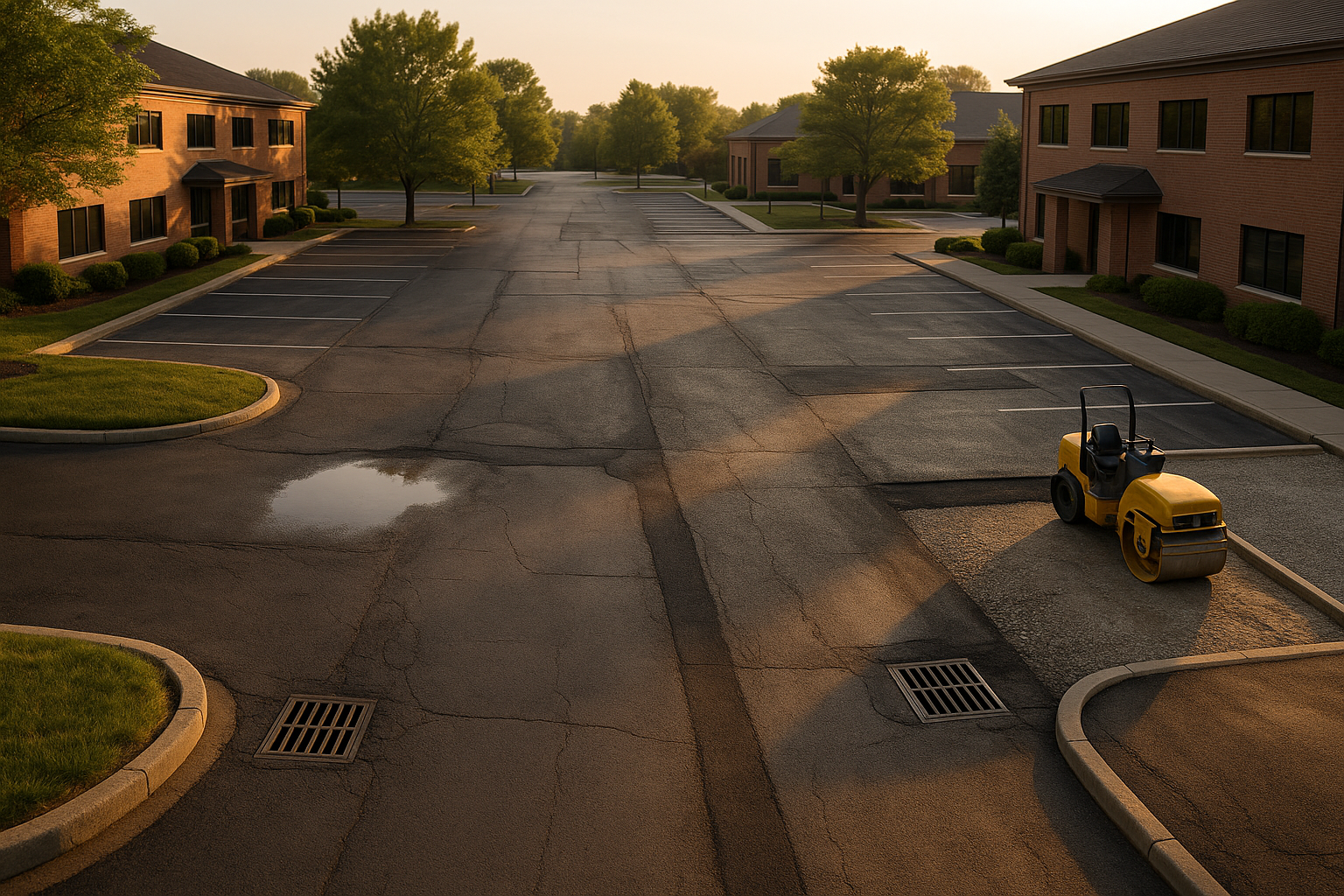 Aerial golden-hour parking lot shot showing slope, ponding near catch basin, patched seams, exposed stone base and idle roller.