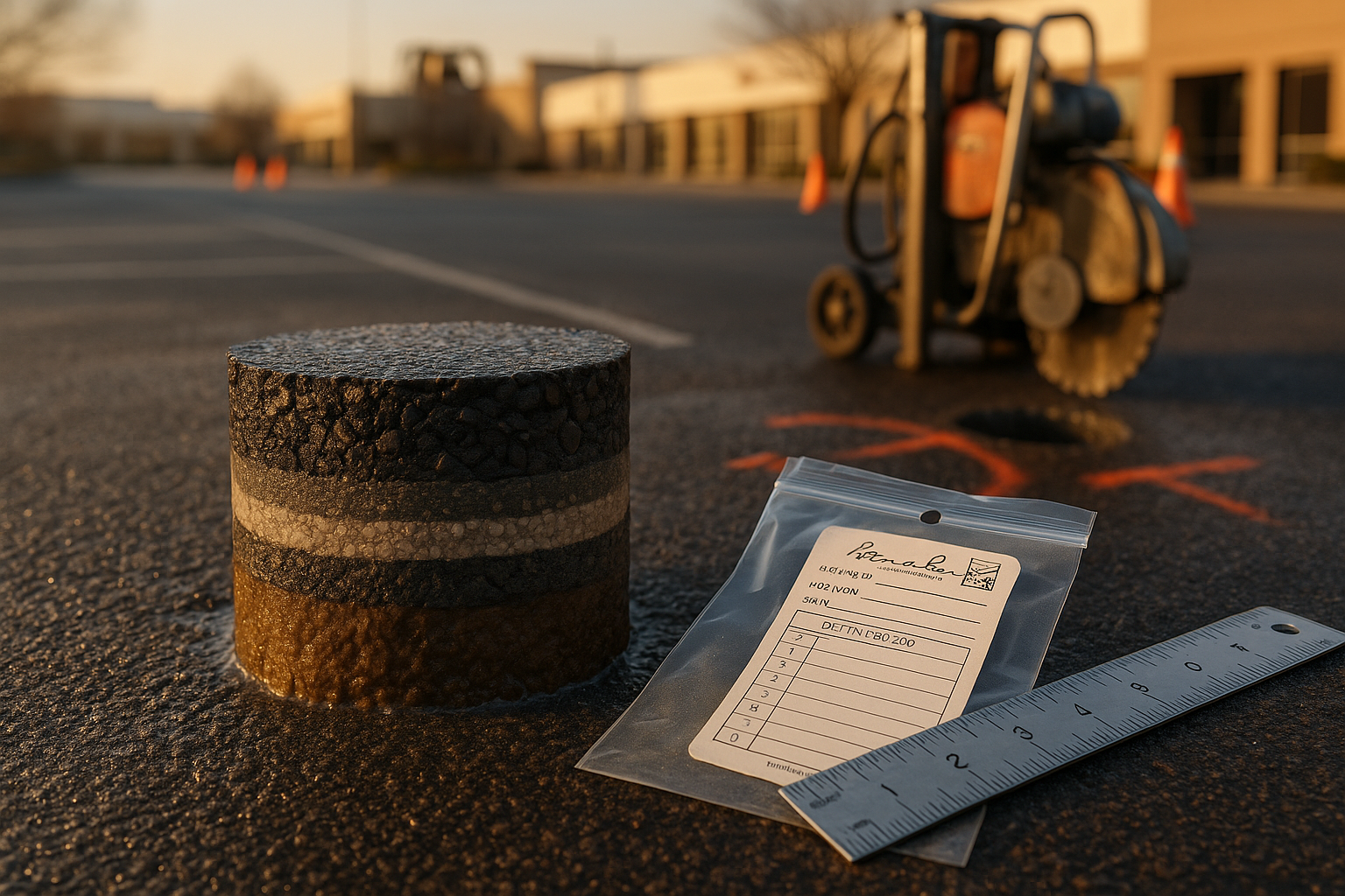 Close-up pavement core slice revealing layered asphalt, wet base, ruler and tagged sample bag in golden hour, empty Indianapolis parking lot.