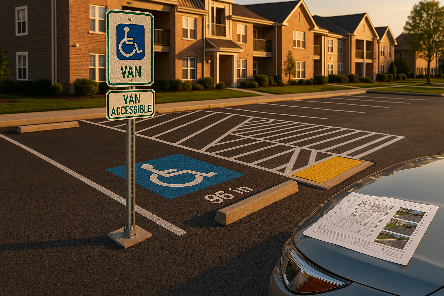 Van-accessible sign on galvanized post, breakaway base, crosshatched access aisle stenciled 96 in, warm golden hour Indianapolis lot.