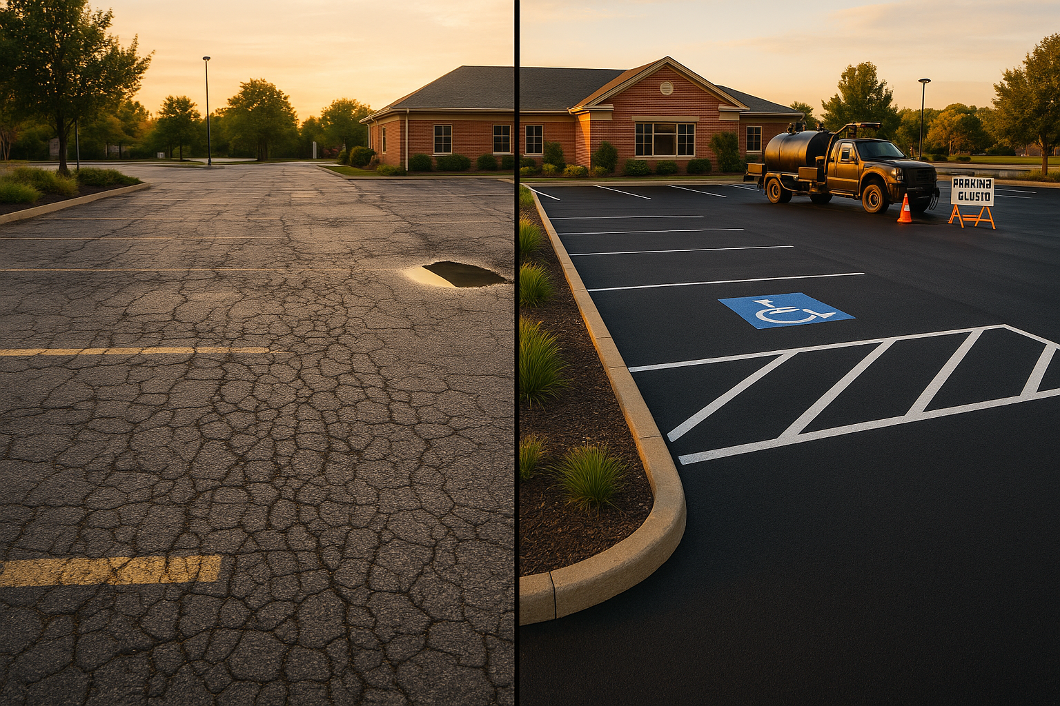 Split wide shot: cracked gray asphalt left vs jet-black two-coat sealcoat right with crisp ADA striping, parked truck, warm light.