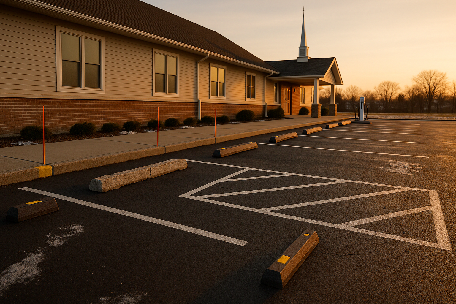 Golden-hour Greenwood church parking lot with concrete, rubber, and composite wheel stops, reflective caps, light snow residue, ADA markings.